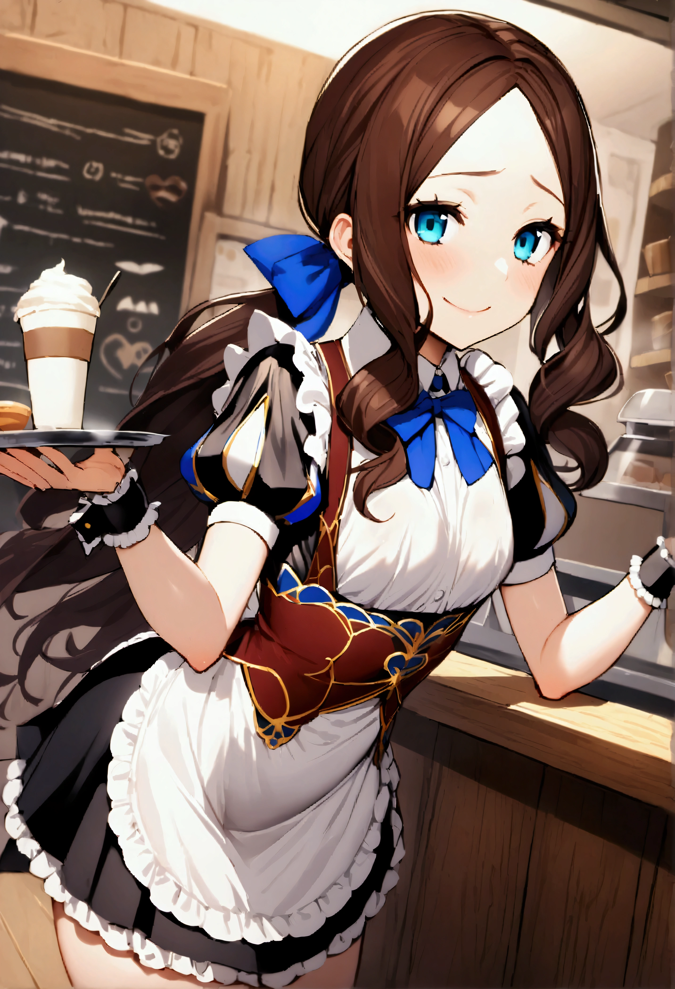 NSFW,masterpiece,Highest quality,High resolution,Very detailed,Leonardo da Vinci\(Fate/grandorder\),blue eyes, Long Hair, Brown Hair, Side Lock, Low Ponytail, ribbon, Short sleeve, Wrist cuff, maid, apron, maidヘッドドレス, Black knee socks,Small breasts,Bewitching Smile,maidカフェ,Coffee shop,Serve customers