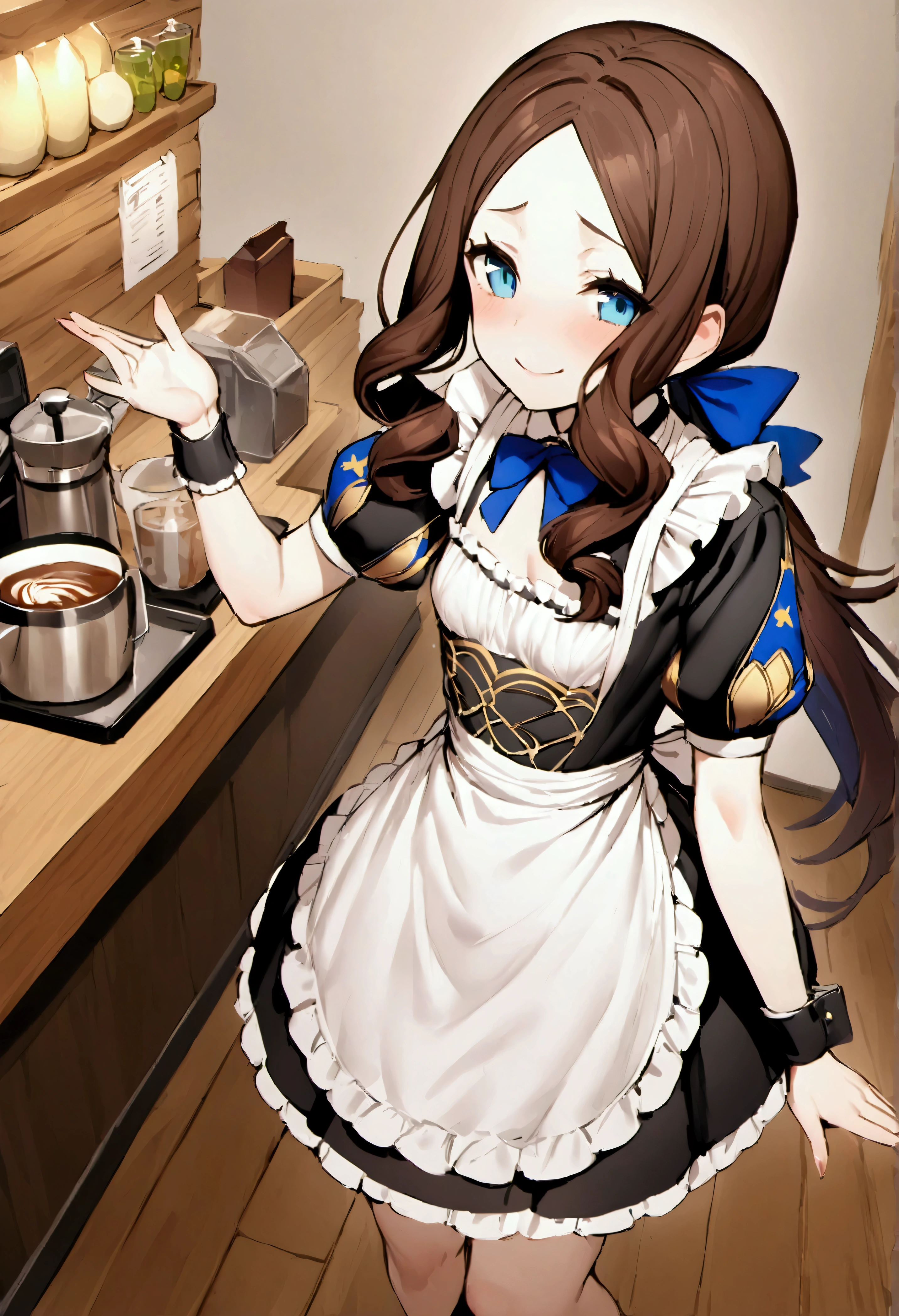 NSFW,masterpiece,Highest quality,High resolution,Very detailed,Leonardo da Vinci\(Fate/grandorder\),blue eyes, Long Hair, Brown Hair, Side Lock, Low Ponytail, ribbon, Short sleeve, Wrist cuff, maid, apron, maidヘッドドレス, Black knee socks,Small breasts,Bewitching Smile,maidカフェ,Coffee shop,Serve customers