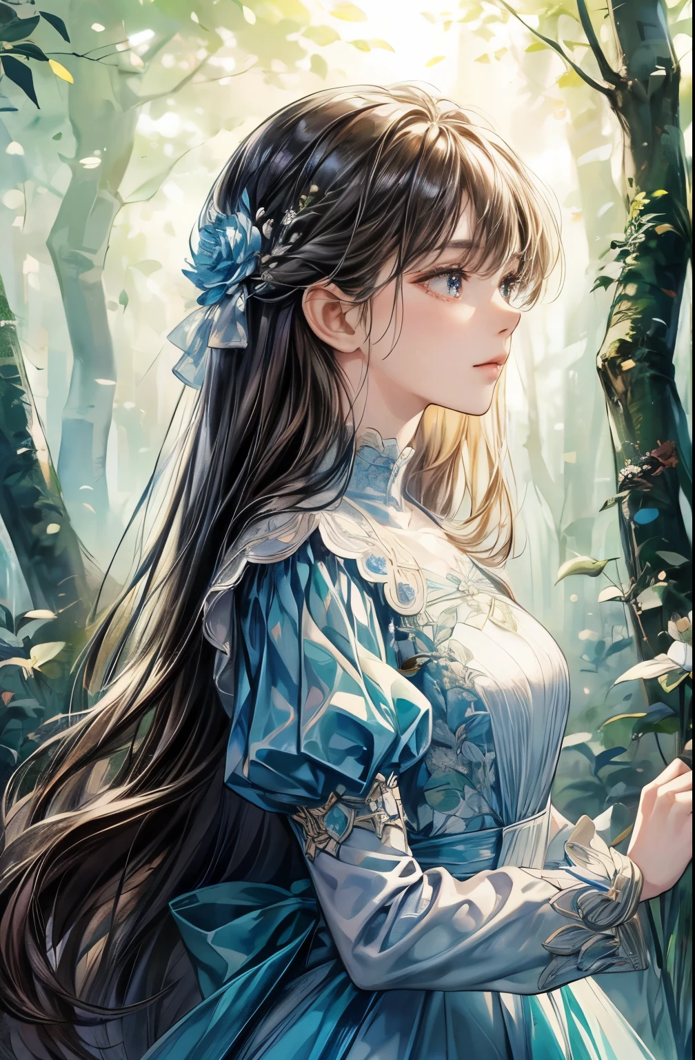 A woman in a blue dress standing in a forest - SeaArt AI