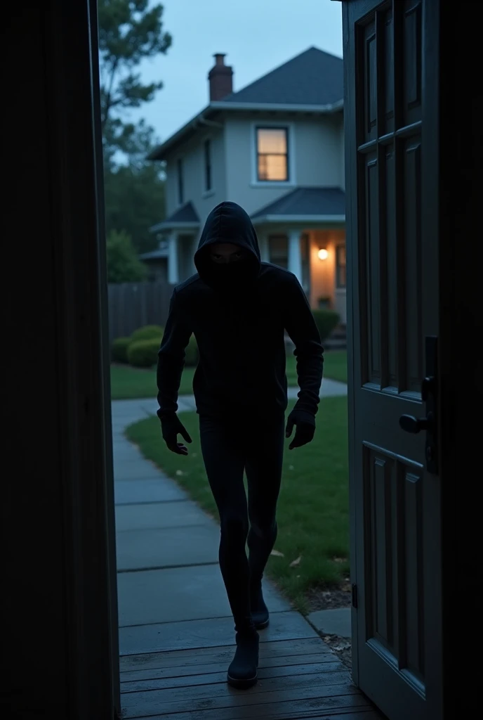 very detailed image in pixar style A thief breaks into the house at night.