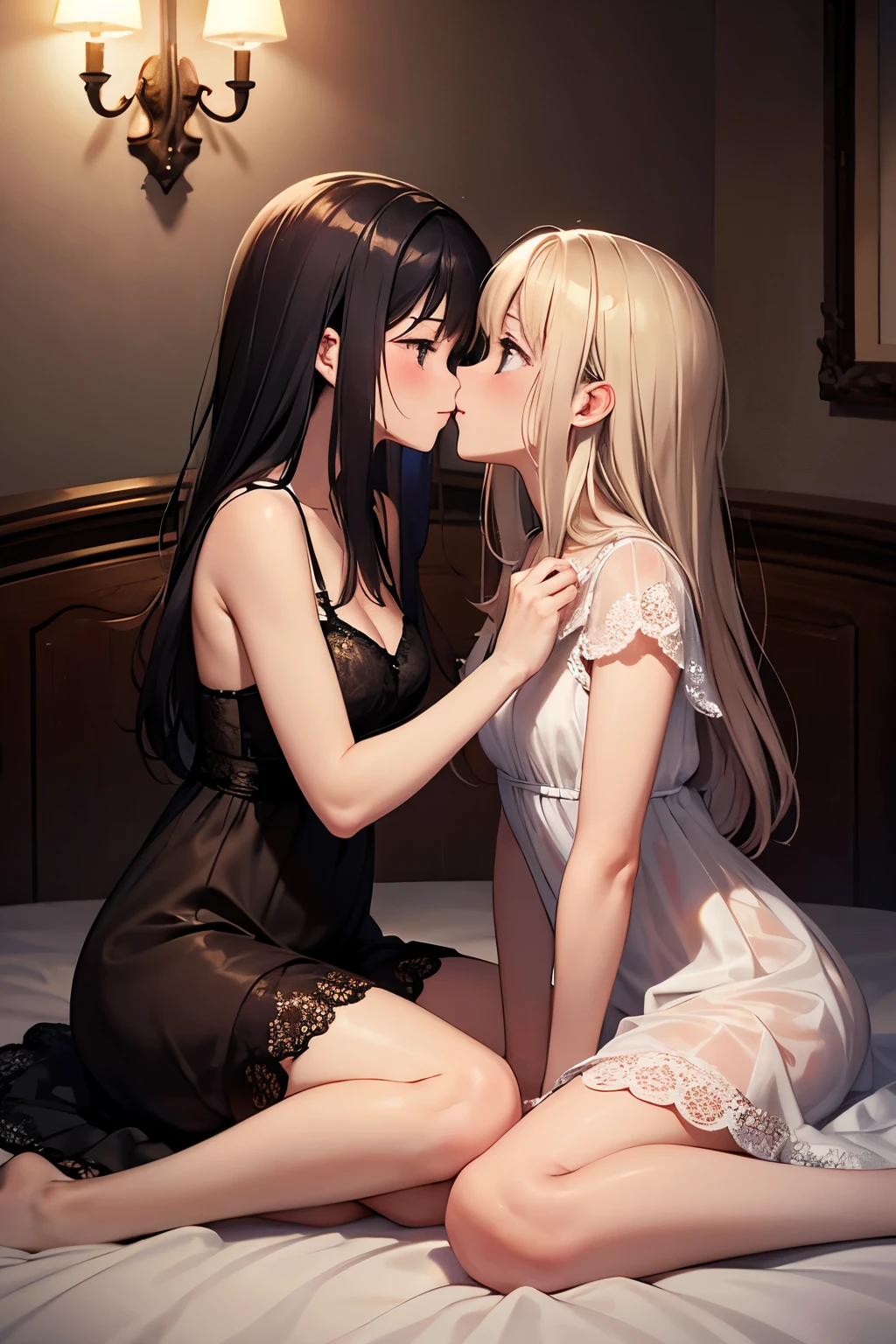 Yuri , 2 girls, Yuri, dress, sofa, Long Hair, kiss, plant, Eyes closed, window, indoor, Sitting, Blurred foreground, on sofa, white dress, Blurred, Exposing shoulders, moon, potted plant, Written boundary depth, Sleeveless dress, Blonde, Sleeveless, chest, black dress, Black Hair, pillow, Bottle, Bare arms, full moon, night, Book, blush, very Long Hair, clavicle, chestの谷間, cup, bangs, null, Brown Hair, medium chest, Wavy Hair, curtain, Spaghetti Straps, cushion, Particles of light, profile，high school girl ，、Brown Hairのポニーテール，フレンチ・kiss, barefoot，Underwear is visible，Fingers in the crotch，小さいchest，Small Ass，beautiful profile，((Highest quality)), (Very detailed), (High-definition CG synthesis 8K wallpaper), 高いly detailed, 高い-definition raw color photos, Professional photography, (((Bokeh))), Written boundary depth,