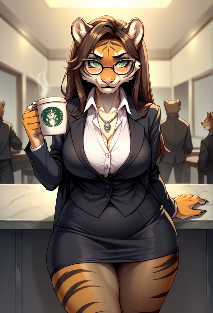 _asura style, 1girl, breasts, animal_ears, tail, solo, large_breasts, mole_on_breast, long_hair, brown_hair, pantyhose, mole, glasses, shirt, cleavage, underwear, fox_ears, fox_tail, coffee, cup, white_shirt, thighband_pantyhose, bra, animal_ear_fluff, bangs, long_sleeves, collared_shirt, holding, fox_girl, black_pantyhose, panties