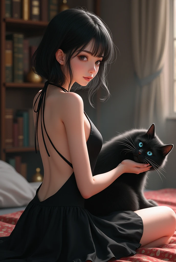 ((masterpiece, highest quality, Highest image quality, High resolution, photorealistic, Raw photo, 8K)), ((Extremely detailed CG unified 8k wallpaper)), (huge stunning goddess shot, very hot and sexy, jaw-dropping beauty, perfect proportions, beautiful body, slim body beauty:1.4), Portrait of a black cat, ((Woman in a sweater, Sitting on the couch, Close-up of a woman holding a black cat:1.3)), ((a cat on her leg:1.5)), ((Focus on cats:1.5)), Detailed black cat pictures, 