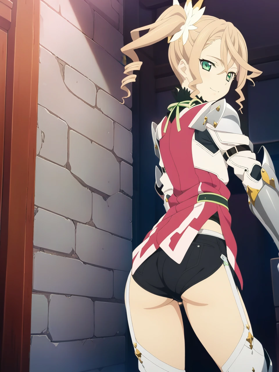 NSFW:1.5,adarmor, Blonde, Side Ponytail, Green Eyes, armor, Neck ribbon, Black shorts, Garter Straps, Gauntlet, gloves, Greaves, One girl, chest wall, Game CG, Anime screenshots, Official Art, masterpiece, Highest quality,A captivating smile,small breasts,Back view,Show your ass,Grab your ass