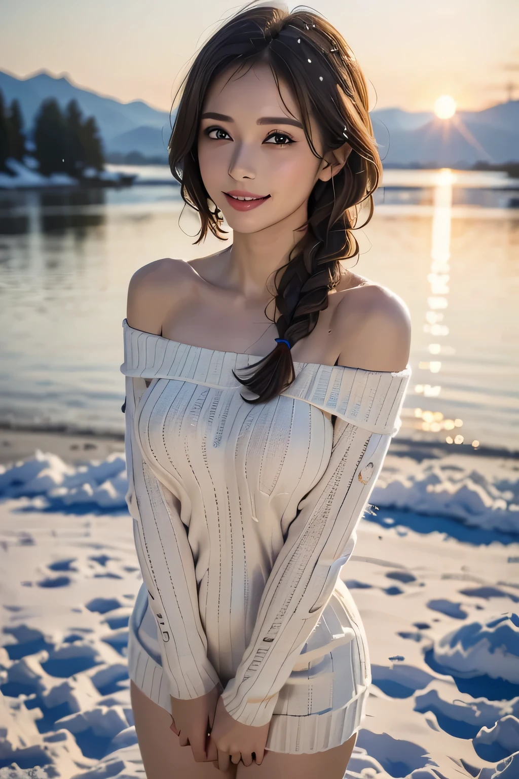 (The contrast of light and shadow makes the subject appear three-dimensional),(((With the sunset in the background))),(((Standing on a snowy mountain in winter:1.3))),Beautiful adult woman,smile,Blushing,Red lips,(((Off-white off-the-shoulder knit jumper dress:1.3))),Black Stockings,Knee-high boots,(Silver Hair,Floral knit headband,Half Up、Floral braided space buns,Voluminous fishtail braid,Twisted pan,),(The bangs are see-through),hairpin,hair ornaments,(((Accentuate your breasts:1.3))),Playing with the chest,Detailed characteristics of the garment,Detailed characteristics of hair,Detailed facial features,(Dynamic Angle),(Dynamic and sexy pose),Professional Lighting,Cinematic Light,(Highest quality,Ultra-high resolution output images,) ,(8K quality,Written boundary depth,Anatomically correct facial structure,),(SeaArt 2 Mode:1.3),(Picture Mode Ultra HD,),(3D Realistic Photography:1.3)