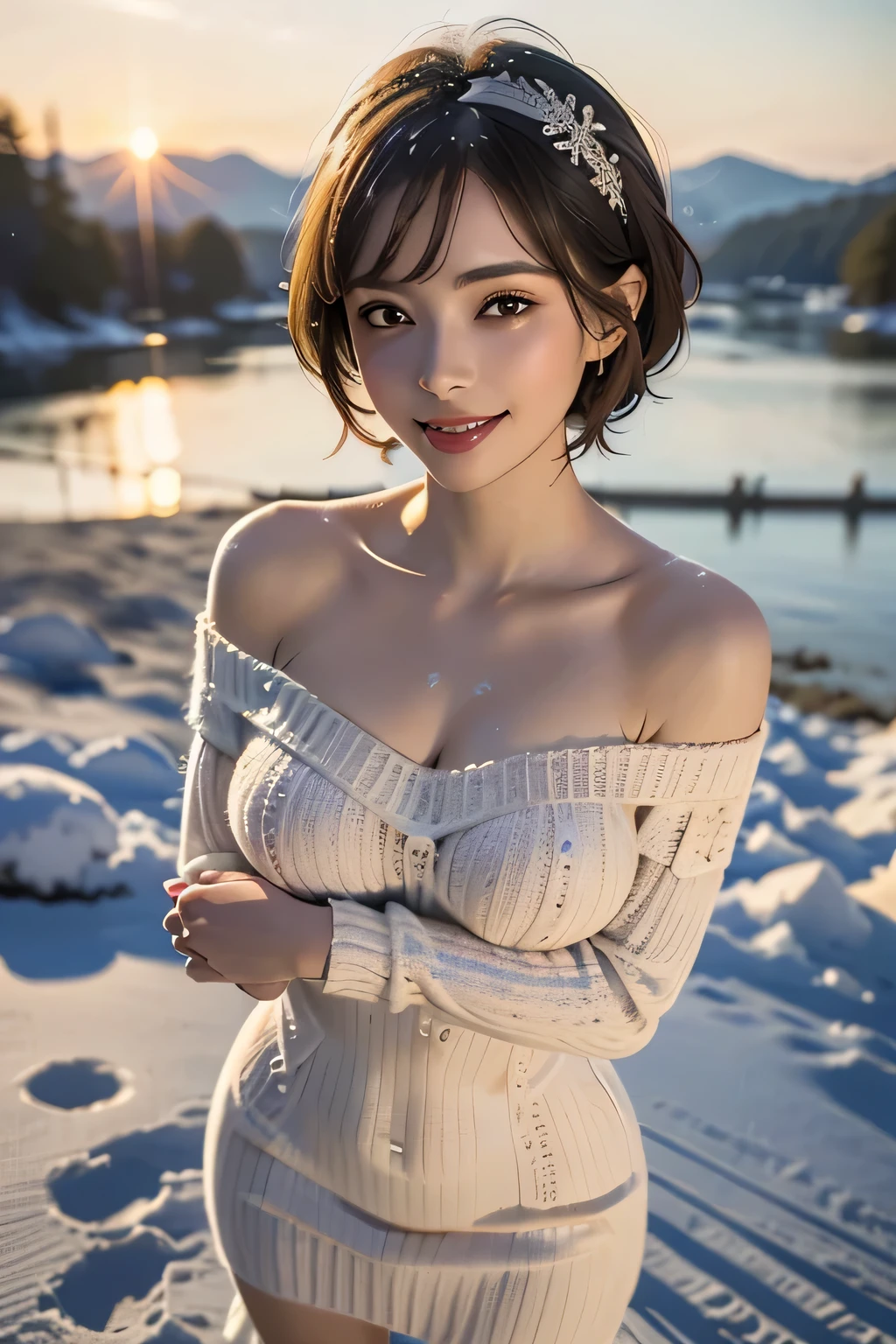 (The contrast of light and shadow makes the subject appear three-dimensional),(((With the sunset in the background))),(((Standing on a snowy mountain in winter:1.3))),Beautiful adult woman,smile,Blushing,Red lips,(((Off-white off-the-shoulder knit jumper dress:1.3))),Black Stockings,Knee-high boots,(Silver Hair,Floral knit headband,Half Up、Floral braided space buns,Voluminous fishtail braid,Twisted pan,),(The bangs are see-through),hairpin,hair ornaments,(((Accentuate your breasts:1.3))),Playing with the chest,Detailed characteristics of the garment,Detailed characteristics of hair,Detailed facial features,(Dynamic Angle),(Dynamic and sexy pose),Professional Lighting,Cinematic Light,(Highest quality,Ultra-high resolution output images,) ,(8K quality,Written boundary depth,Anatomically correct facial structure,),(SeaArt 2 Mode:1.3),(Picture Mode Ultra HD,),(3D Realistic Photography:1.3)