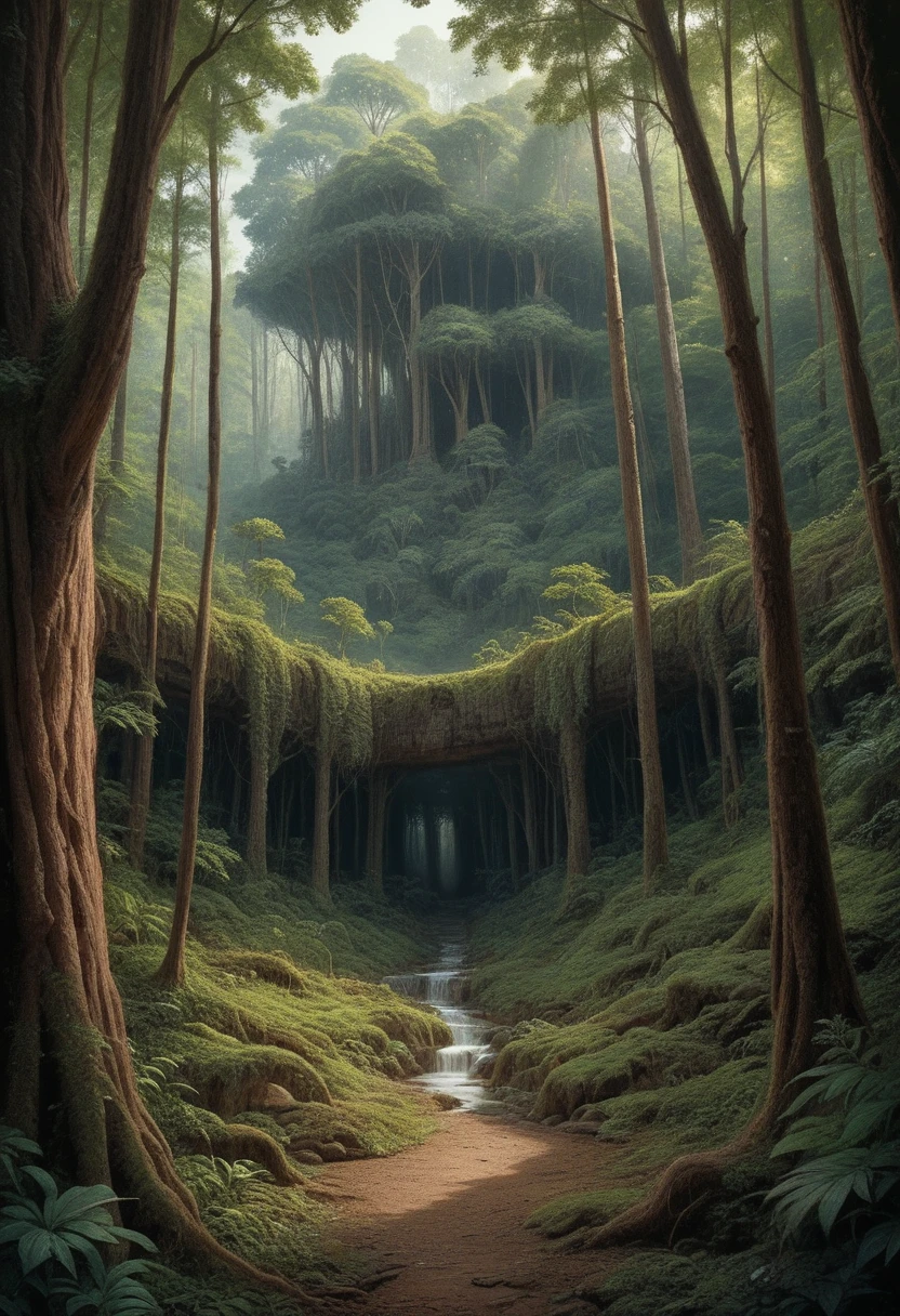 there is a picture of a forest with a lot of trees, hyper-realistic environment, fantasy overgrown world, ancient wood environment, environment artist, digital detailed environment, an overgrown forest, intricate details in environment, overgrown jungle environment, highly detailed environment, fantasy forest environment, hyper-detailed environment, overgrown environment, detailed intricate environment, beautiful ancient forest