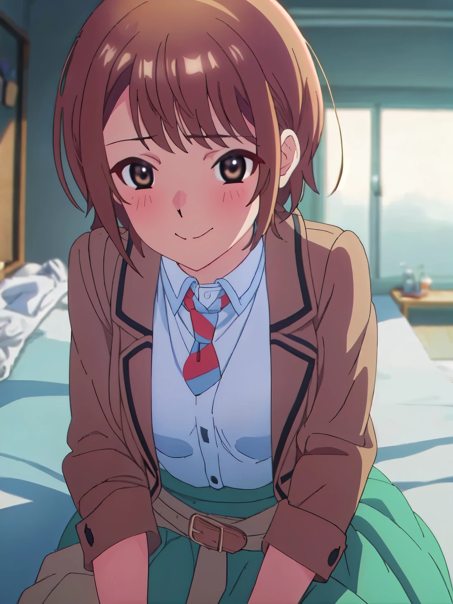 ((((masterpiece、Highest quality、High resolution、High precision)、anime)))、Brown Hair、Beautiful breasts、(Dynamic pose)、looking at the camera、(Beautiful detailed face、Beautiful big eyes)、((One beautiful woman))、((Embarrassed face))、Red cheeks、(((Blushing with a bitchy expression)))、Standing in the school gym、Light from below、Brown eyes、Short Hair、Small breasts、Solo portrayal、wear a waist-length brown blazer、Wear a short checked skirt、Smile with a big smile