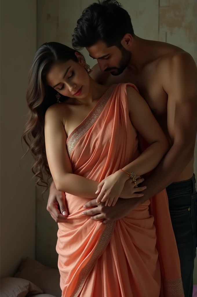 Beautiful and Slim sensual Indian woman in a dark pink silk saree lifting piggyback a large chubby man above her shoulders, man is sitting on woman's shoulders, in a dark room with high ceiling, natural smile, woman is looking into the camera , she is holding his hands, full body image