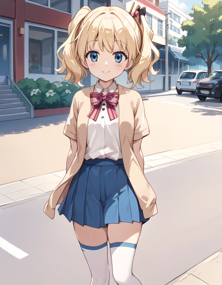 white collared shirt, cardigan, open cardigan, striped bow, blue pleated skirt, white thighhighs, mary janes、white collared shirt, short sleeves, striped bow, blue pleated skirt, white thighhighs, mary janes、She is walking down the street with a smile(high resolution、detailed、Beautiful Anime)