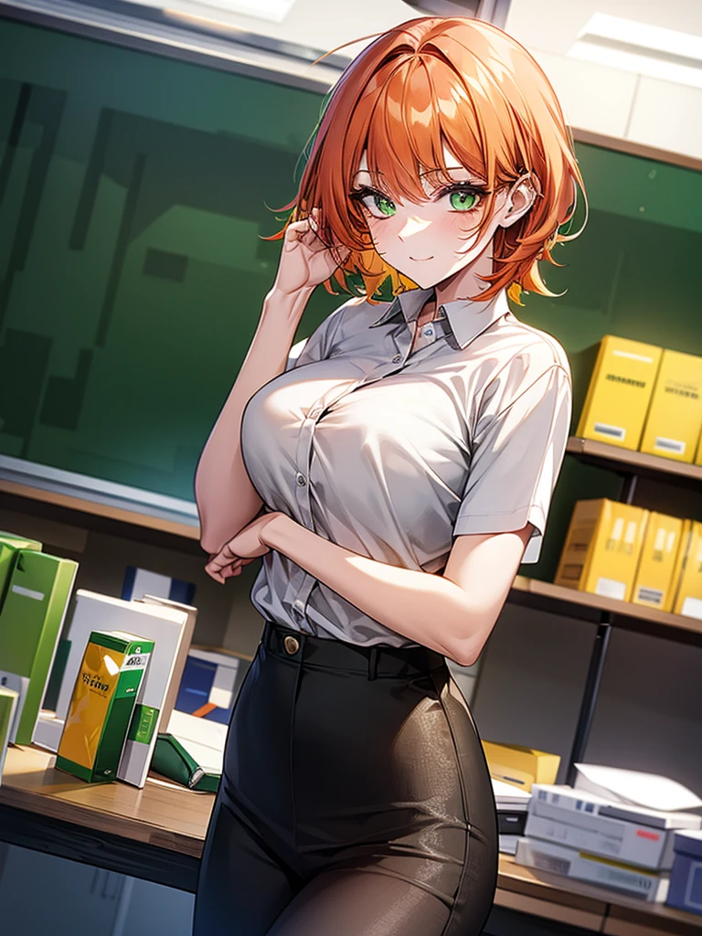 makima in chainsaw man, orange hair, sitting on a chair, wearing a white shirt and a black vest, the hem of her bra shows underneath her shirt, 8k, looking a viewer, very detailed, masterpiece, absurdres