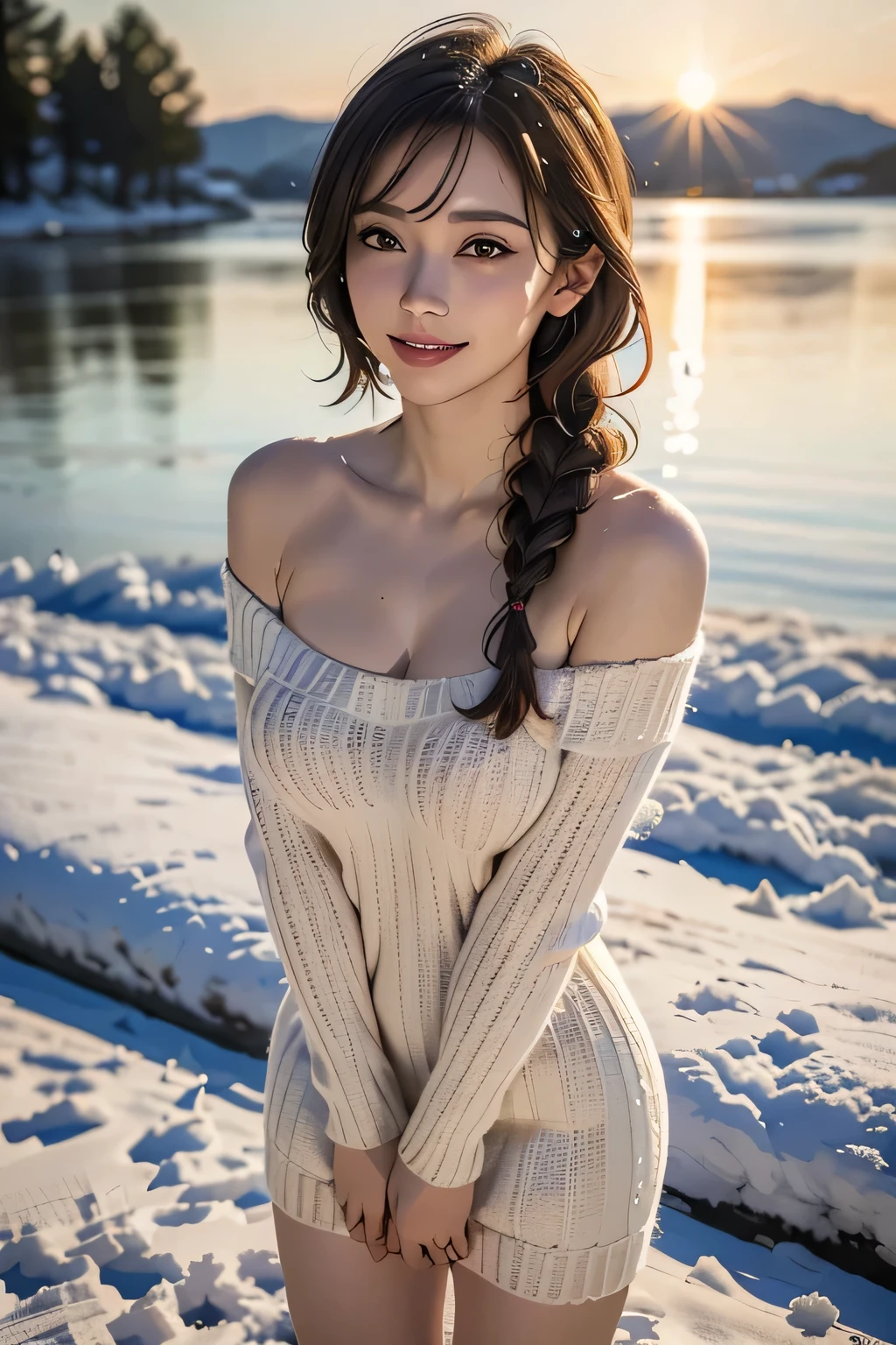 (The contrast of light and shadow makes the subject appear three-dimensional),(((With the sunset in the background))),(((Standing on a snowy mountain in winter:1.3))),Beautiful adult woman,smile,Blushing,Red lips,(((Off-white off-the-shoulder knit jumper dress:1.3))),Black Stockings,Knee-high boots,(Silver Hair,Floral knit headband,Half Up、Floral braided space buns,Voluminous fishtail braid,Twisted pan,),(The bangs are see-through),hairpin,hair ornaments,(((Accentuate your breasts:1.3))),Playing with the chest,Detailed characteristics of the garment,Detailed characteristics of hair,Detailed facial features,(Dynamic Angle),(Dynamic and sexy pose),Professional Lighting,Cinematic Light,(Highest quality,Ultra-high resolution output images,) ,(8K quality,Written boundary depth,Anatomically correct facial structure,),(SeaArt 2 Mode:1.3),(Picture Mode Ultra HD,),(3D Realistic Photography:1.3)