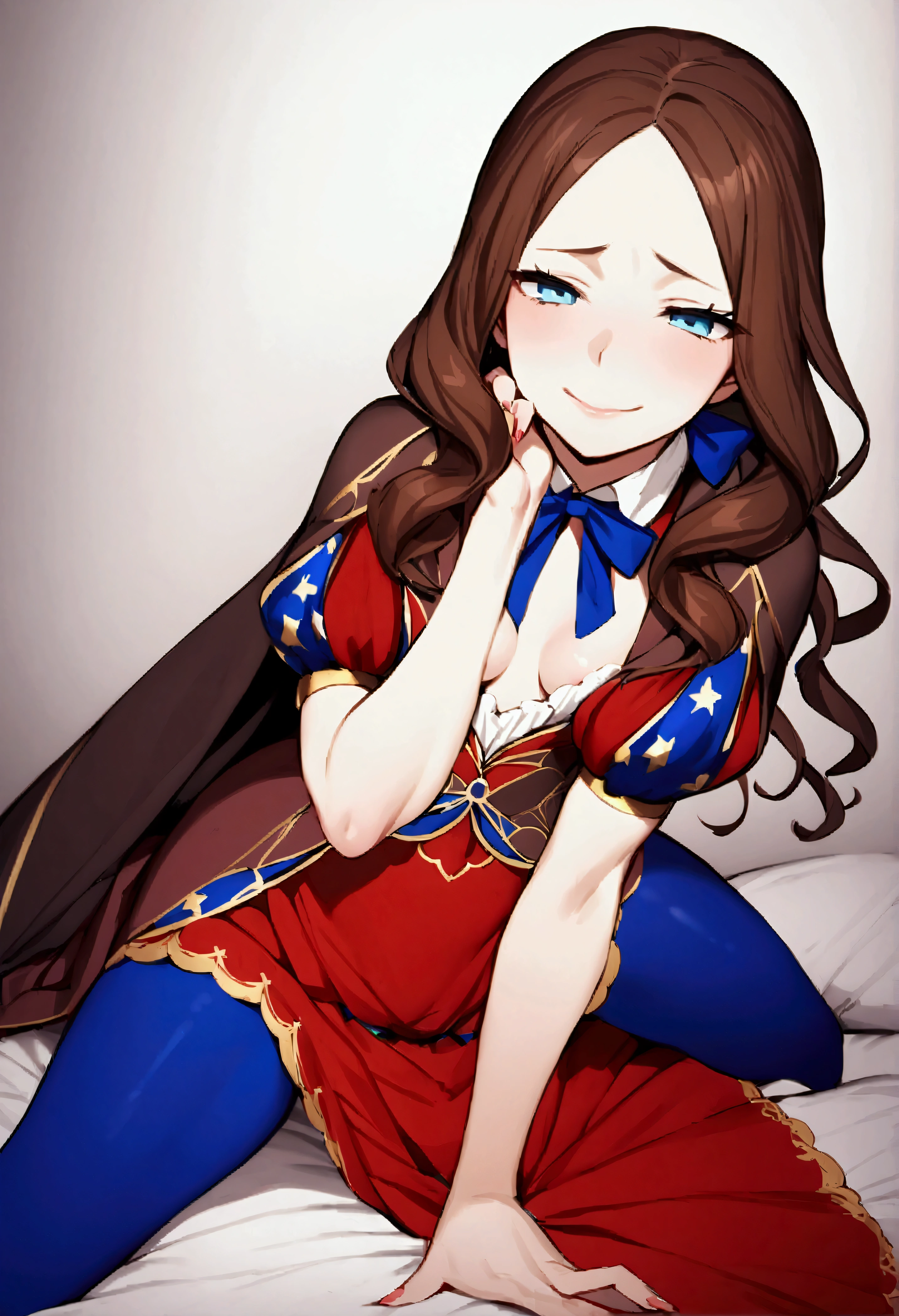 NSFW,masterpiece,Highest quality,High resolution,Very detailed,Leonardo da Vinci\(Fate/grandorder\),blue eyes, Long Hair, Brown Hair, Side Lock, Low Ponytail, ribbon, dress, White shirt, Puff sleeves, Short sleeve, Red Skirt, Cape, Blue Pantyhose,Small breasts,Bad Smile,Lustful face,Seduce,Master Room,White Room,bed,Sitting,Spread your legs