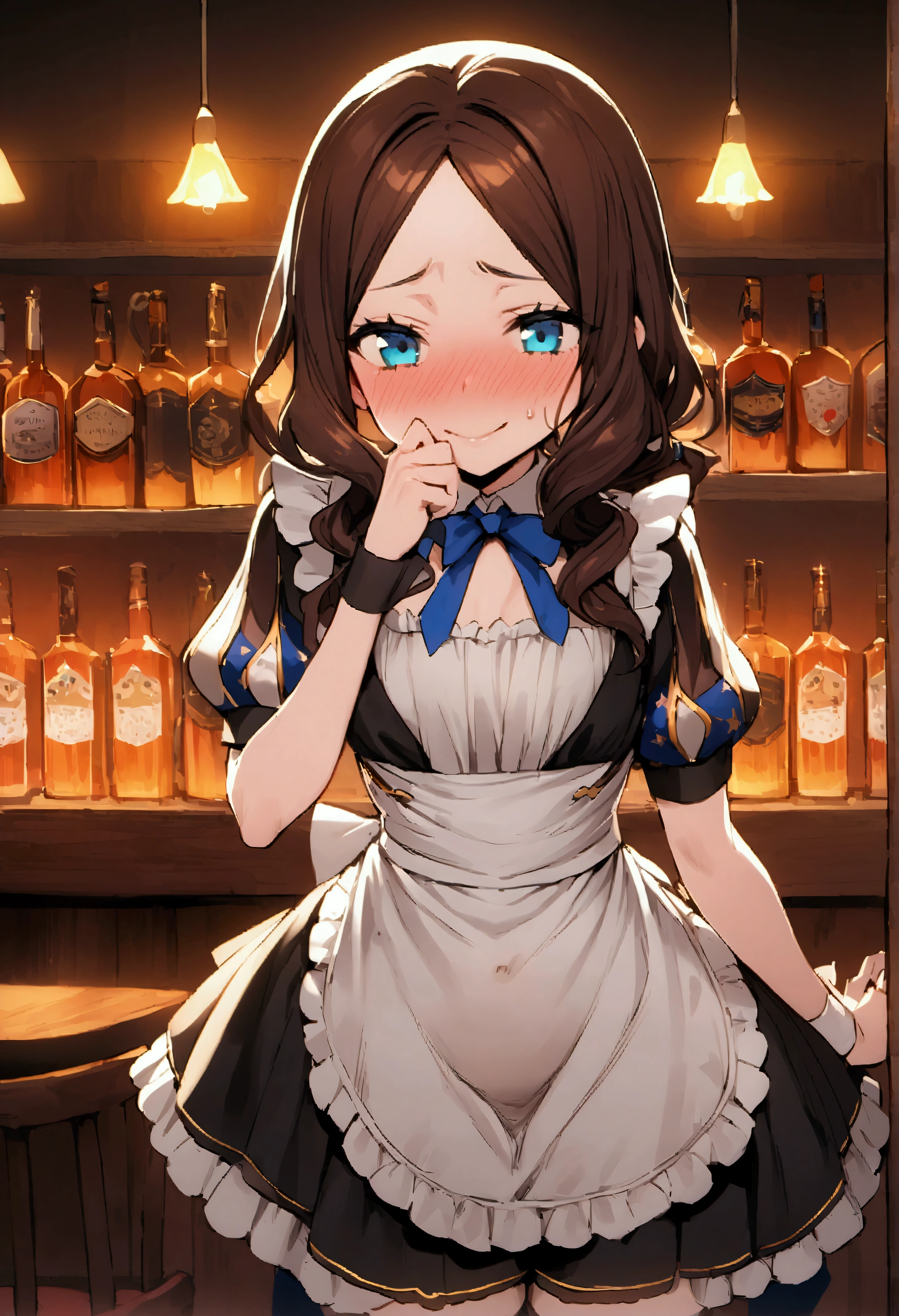 NSFW,masterpiece,Highest quality,High resolution,Very detailed,Leonardo da Vinci\(Fate/grandorder\),blue eyes, Long Hair, Brown Hair, Side Lock, Low Ponytail, ribbon, Short sleeve, Wrist cuff, maid, apron, maidヘッドドレス, Black knee socks,Small breasts,Bewitching Smile,Embarrassed,Nightlife,pub