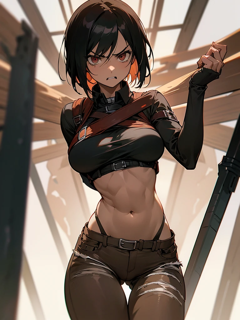 ((((Women in crop top military bulletproof vest)))) , military green cargo pants, belt, military helmet, tactical, (((open navel))), ((arms behind back, restrained, shibari, rope bondage:1.5)),
