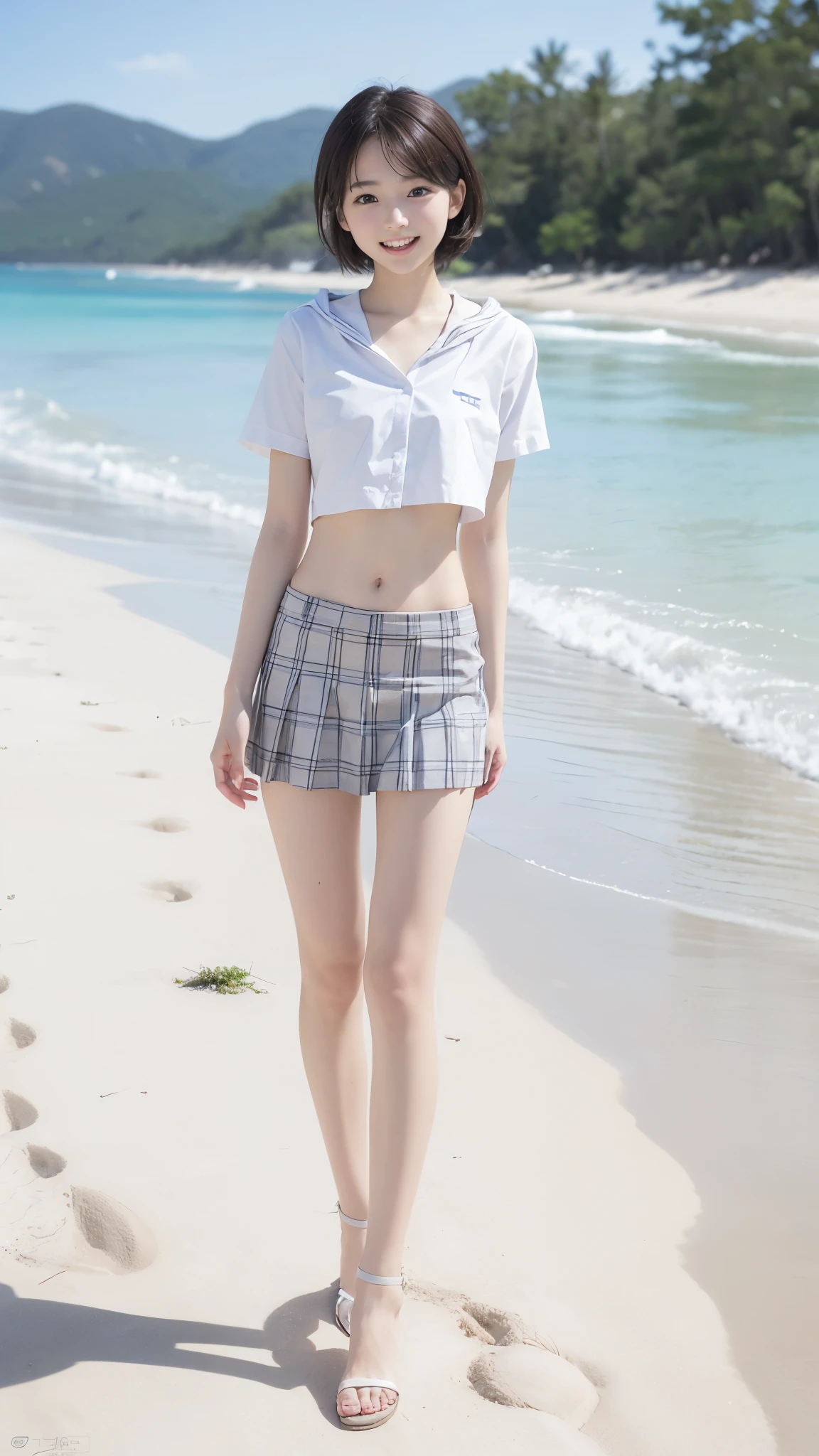 　(((Japanese)))　((((One 10-year-old girl、solo))))　whole body写真　Full Shot　　Short Hair　whole body　Thighs 　Casual wear　濡れてSee-throughる服　Tank top　((濡れてSee-throughる))See-through short skirt　cute　(smile)　Sandy Beach　((See-through))　Sitting cross-legged　Shot from between the legs　Spread your legs