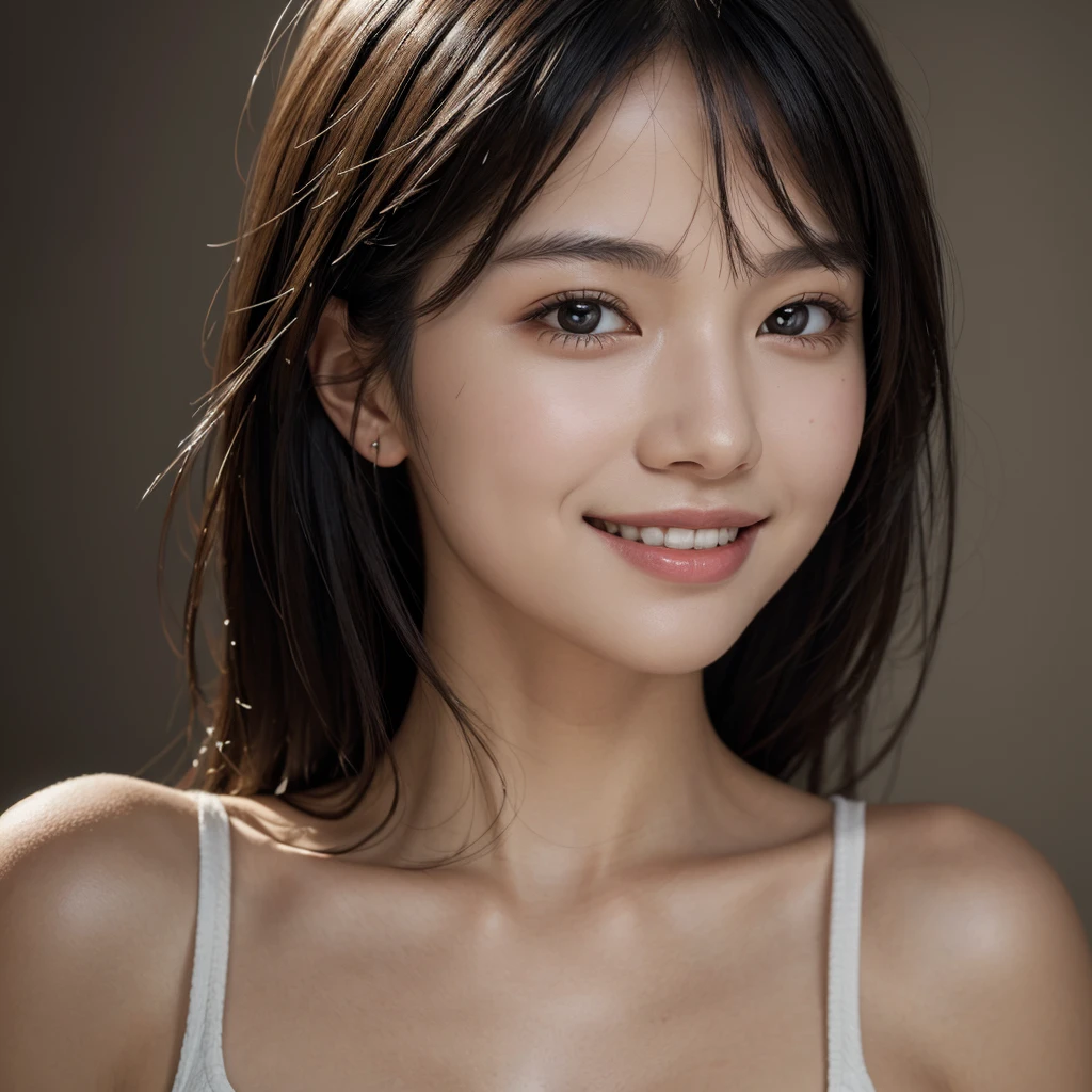 ((Highest quality)), ((masterpiece)), (detailed), Perfect face masutepiece, Best Quality, Illustration, Ultra-detailed, finely detail, hight resolution, 8K Wallpaper, Perfect dynamic composition, Beautiful detailed eyes, Women's Fashion Summer,Medium Hair,Small breasts natural color lip, Bold sexy poses,Smile,Harajuku、20 years girl、Cute、Sexy shot looking at camera