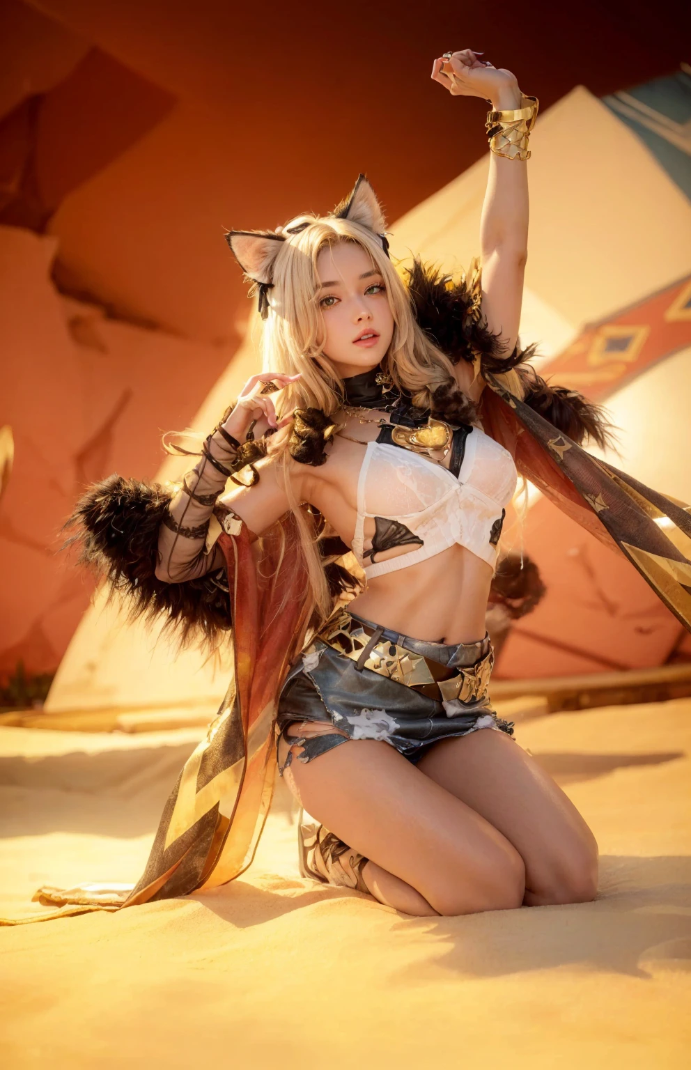 ((ultra realisitic)), ((picture-perfect)), ((face perfect)), ((ultra detaild)), ((fully body)), ((adolescent)), a blonde girl with long hair and pointy ears,  having a feline tail, golden skin, greeneyes, She has claws on her hands and feet , wearing tribal clothes, in a tree house