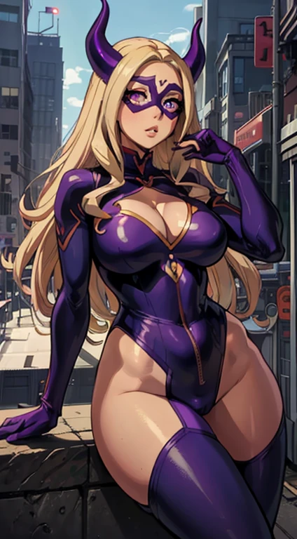 (best quality: 1.3), Mt Lady by Boku no Hero, (blonde), busty, cleavage, seductive, sexy, curvy body, big ass, , (mask), (body suit), (purple horn), (city)