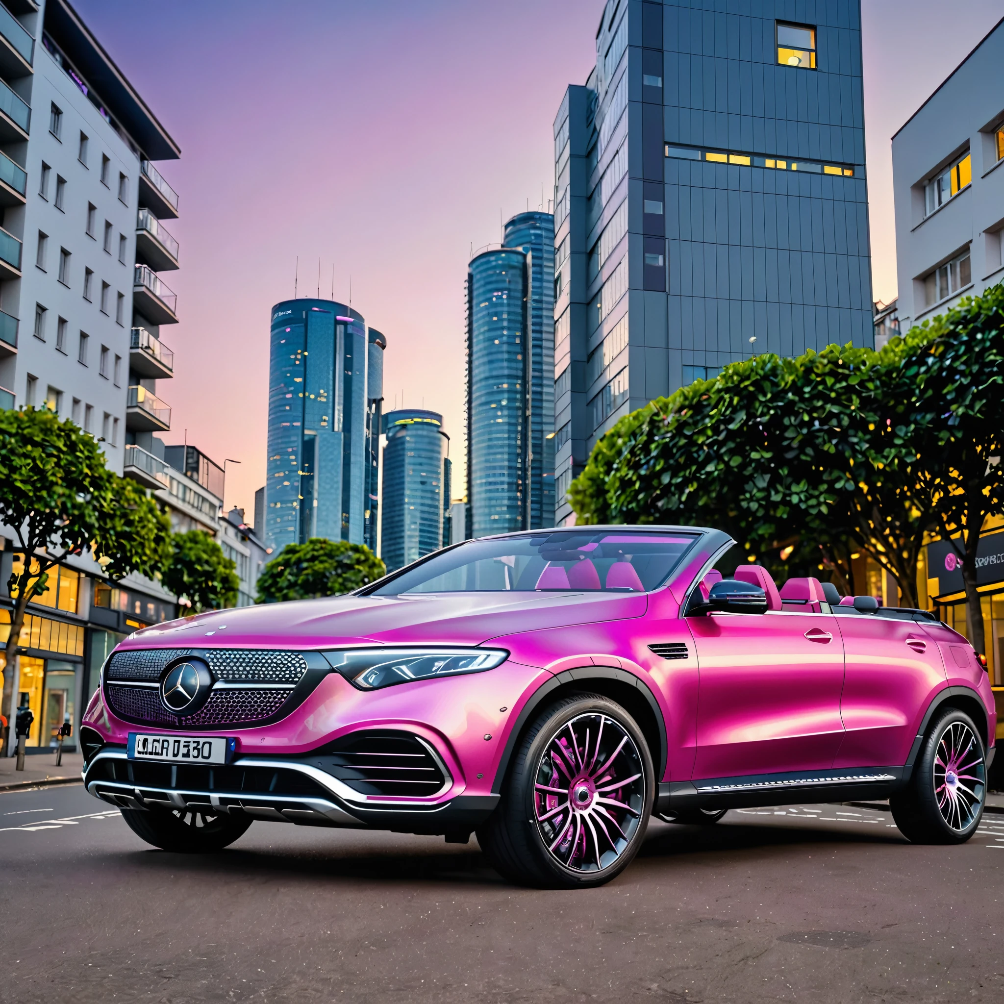pink mercedes suv parked in a city street, publicity photo, mercedes benz eqc, convertible, roof lowered, geometric honeycomb grille, metallic matte paint, vertical ombre colour scheme, ombre fuschia pink (bottom) to charcoal (top), pink-tinged headlights, pink underbody lights, matching alloy wheels, evenly spaced spokes, brightly coloured alloy wheels, vibrant and dynamic, high quality picture, beautiful, artistic render, rendering