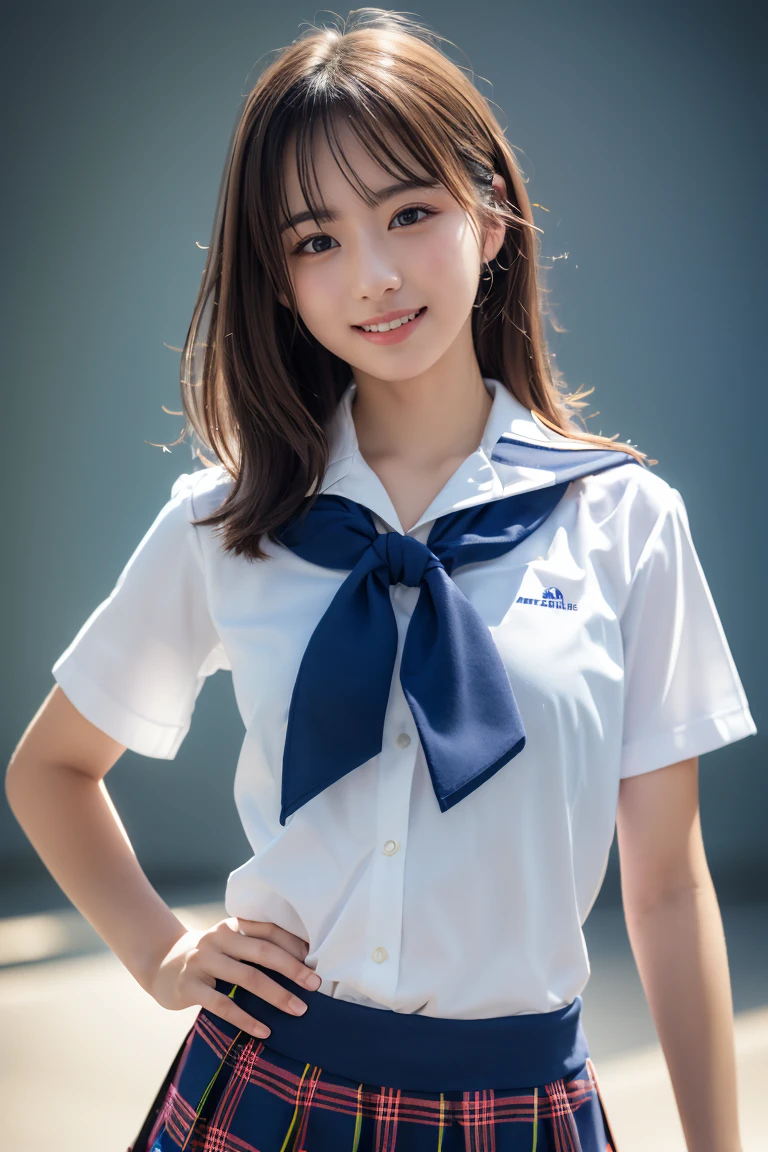 ((school uniform)),ribbon at neck,(school uniform and ((Plaid navy skirt)) and white shirt:1.1), Skin color, big , smile, (8k, RAW Photos, Highest quality, masterpiece:1.2), masterpiece, super detailed, super high quality, (Realistic and Realistic photography:1. 37), High-resolution RAW color photos, Very delicate and beautiful, highly detailed, 8k壁紙, wonderful, detailed, Very eye, very detailed, very detailed skin, very thin fingers, very detailed nose, very detailed mouth, Perfect Anatomy, Upper Body, studio, Soft lighting, A full-body shot of a cute idol wearing a one-piece swimsuit, Playful pose, Hands on hips, smile, Pastel Background, Realistic, Attention to detail, studio photography