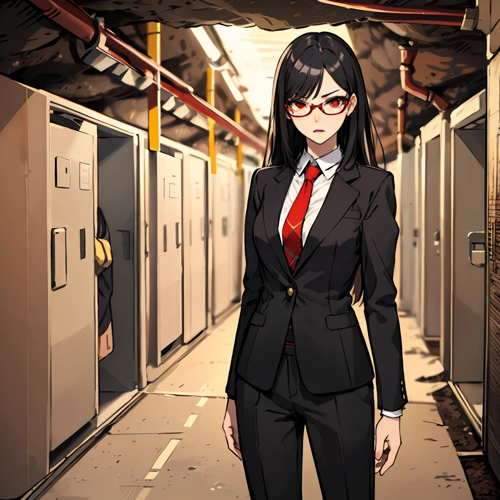 (masterpiece), Highest quality, ,Unrealistic girl illustration, Perfect Face, Perfect hands, woman, Long Hair, Black Hair,  Red eyes, 、Black suit pants、Red tie、Glasses、White dress shirt、Black-rimmed glasses、Normal size breasts、Angry、Inside the underground cave