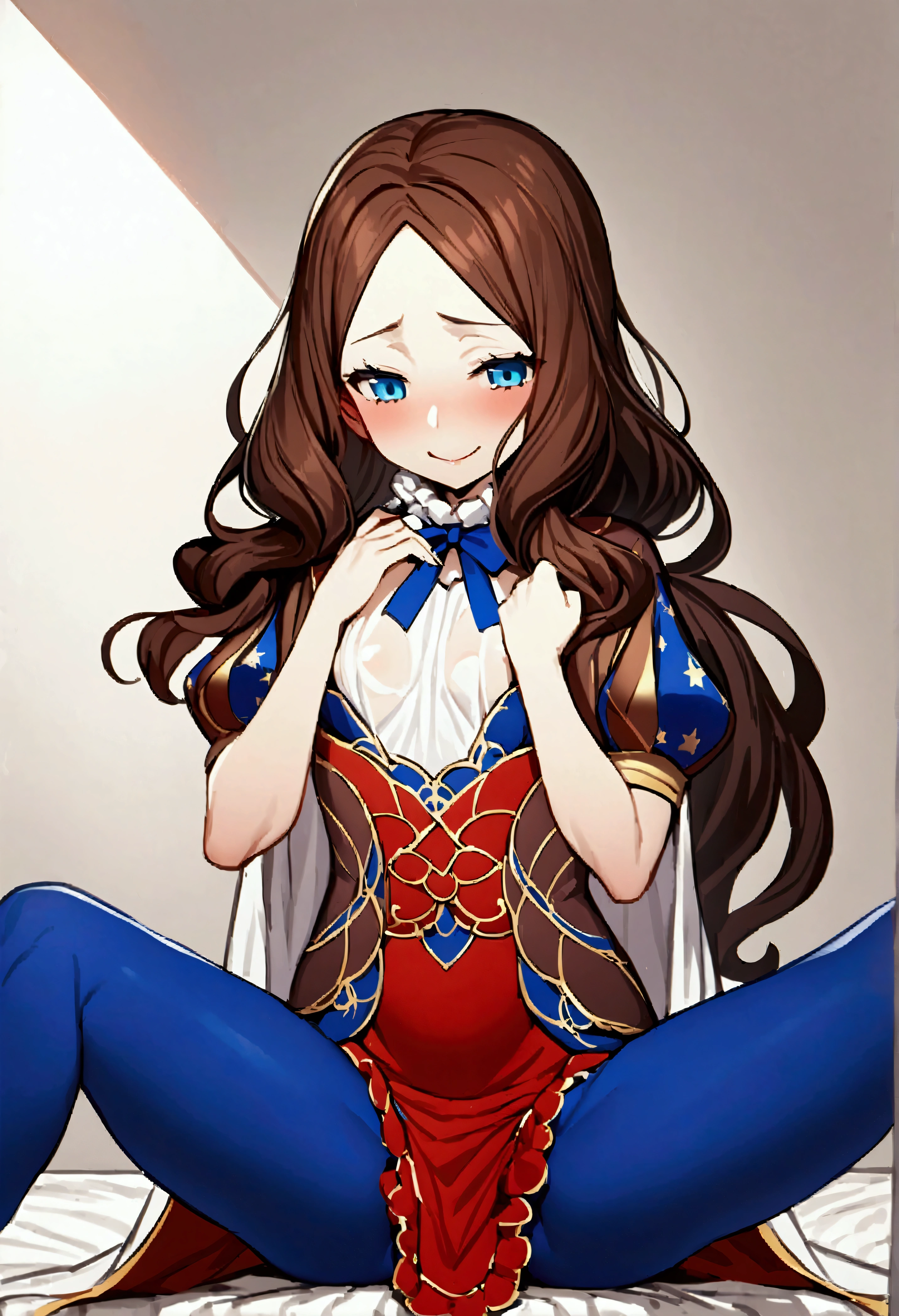 NSFW,masterpiece,Highest quality,High resolution,Very detailed,Leonardo da Vinci\(Fate/grandorder\),blue eyes, Long Hair, Brown Hair, Side Lock, Low Ponytail, ribbon, dress, White shirt, Puff sleeves, Short sleeve, Red Skirt, Cape, Blue Pantyhose,Small breasts,Bad Smile,Lustful face,Seduce,Master Room,White Room,bed,Sitting,Spread your legs,Stretch your arms out in front of you