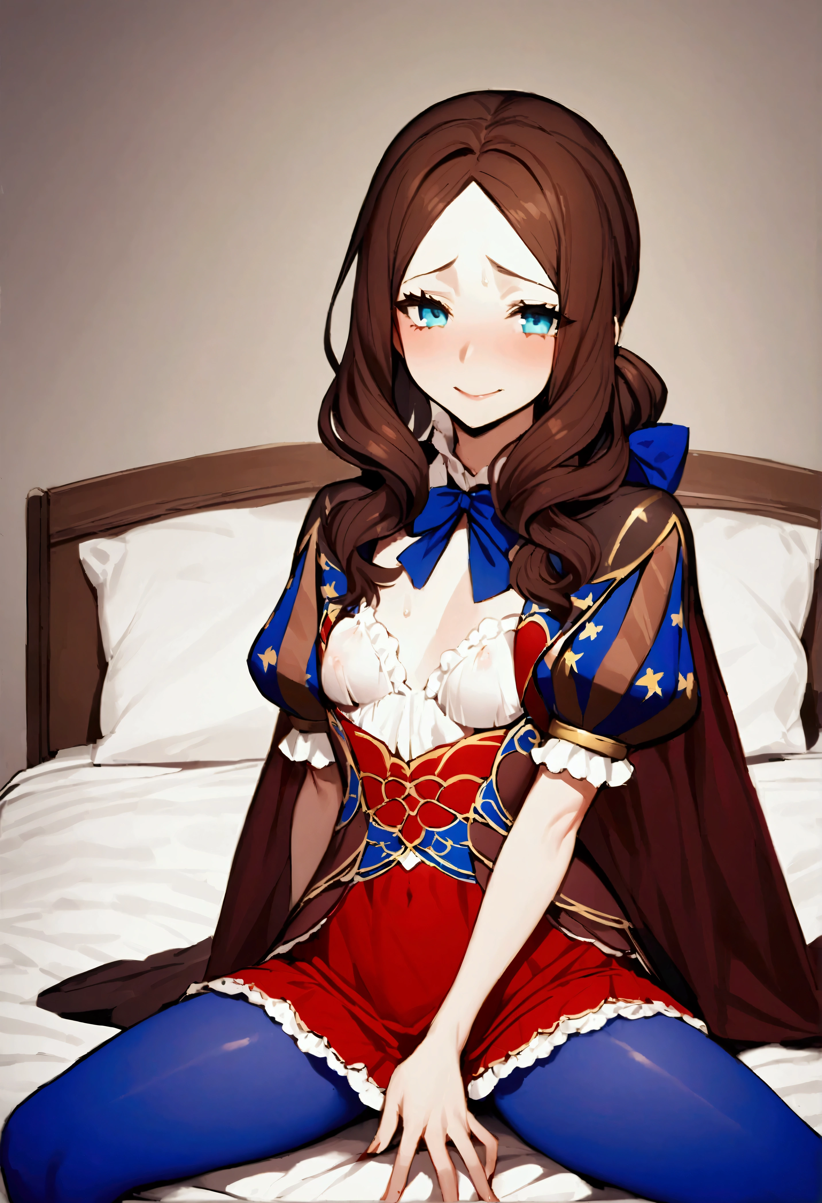 NSFW,masterpiece,Highest quality,High resolution,Very detailed,Leonardo da Vinci\(Fate/grandorder\),blue eyes, Long Hair, Brown Hair, Side Lock, Low Ponytail, ribbon, dress, White shirt, Puff sleeves, Short sleeve, Red Skirt, Cape, Blue Pantyhose,Small breasts,Bad Smile,Lustful face,Seduce,Master Room,White Room,bed,Sitting,Spread your legs,Stretch your arms out in front of you