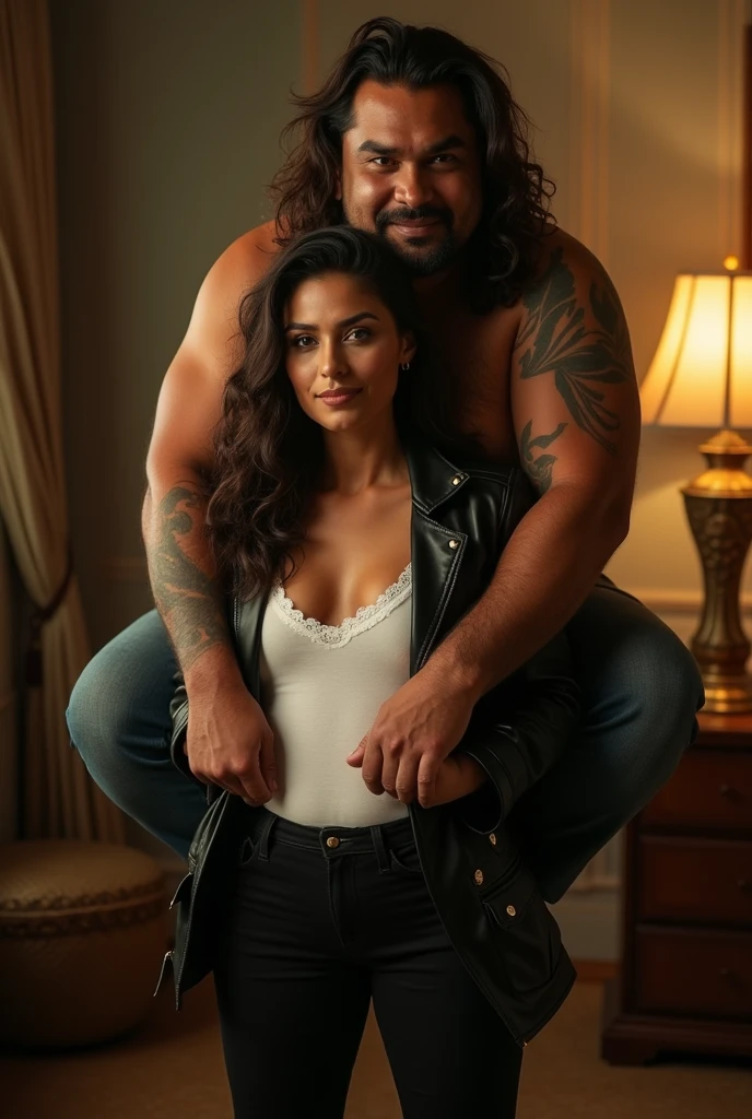 Smiling Nora fatehi in black leather jacket lifting and picking up a large chubby man in her arms on shoulders in a farmhouse , full view