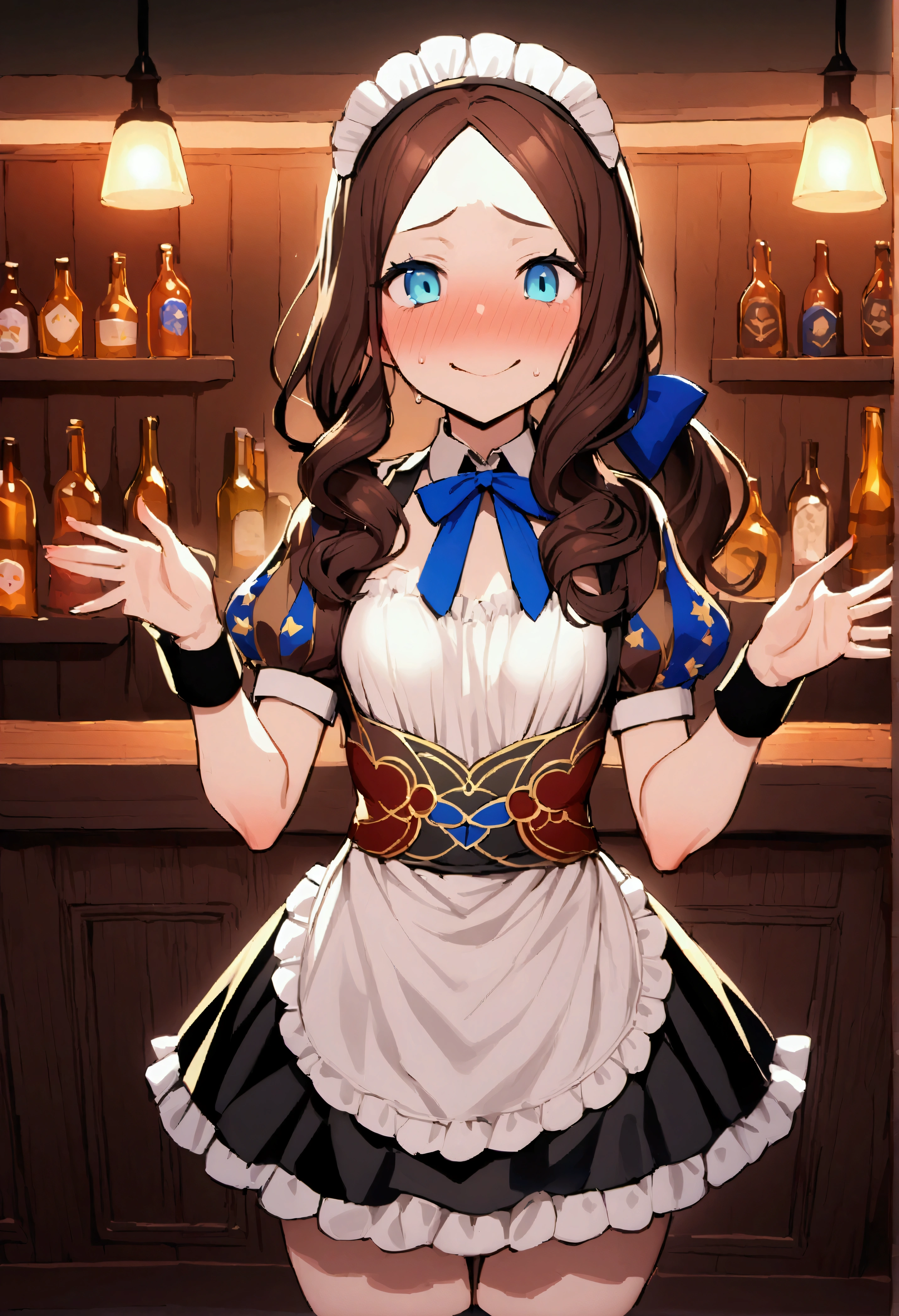 NSFW,masterpiece,Highest quality,High resolution,Very detailed,Leonardo da Vinci\(Fate/grandorder\),blue eyes,Long Hair,Brown Hair,Side Lock,Low Ponytail,ribbon,Short sleeve,Wrist cuff,maid,apron,Headdress, Black knee socks,Small breasts,Bewitching Smile,Embarrassed,Nightlife,pub