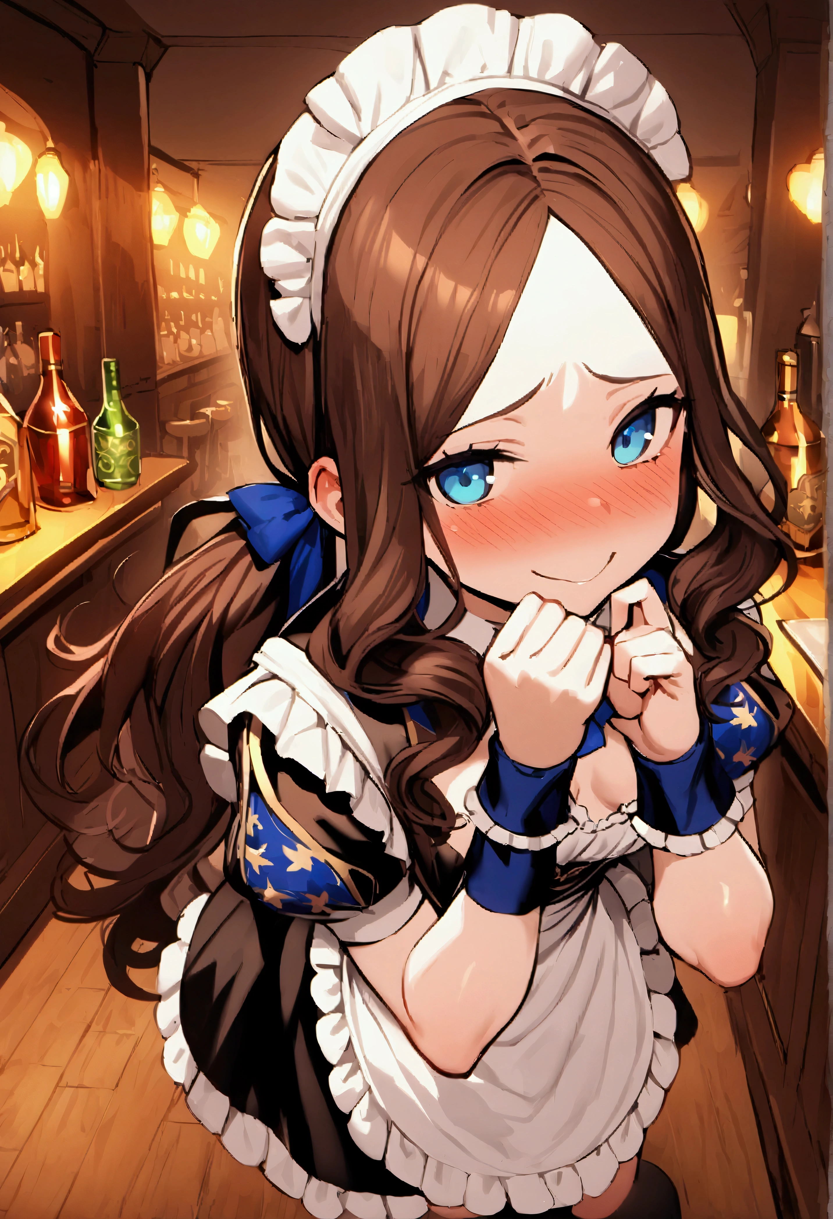 NSFW,masterpiece,Highest quality,High resolution,Very detailed,Leonardo da Vinci\(Fate/grandorder\),blue eyes,Long Hair,Brown Hair,Side Lock,Low Ponytail,ribbon,Short sleeve,Wrist cuff,maid,apron,Headdress, Black knee socks,Small breasts,Bewitching Smile,Embarrassed,Nightlife,pub