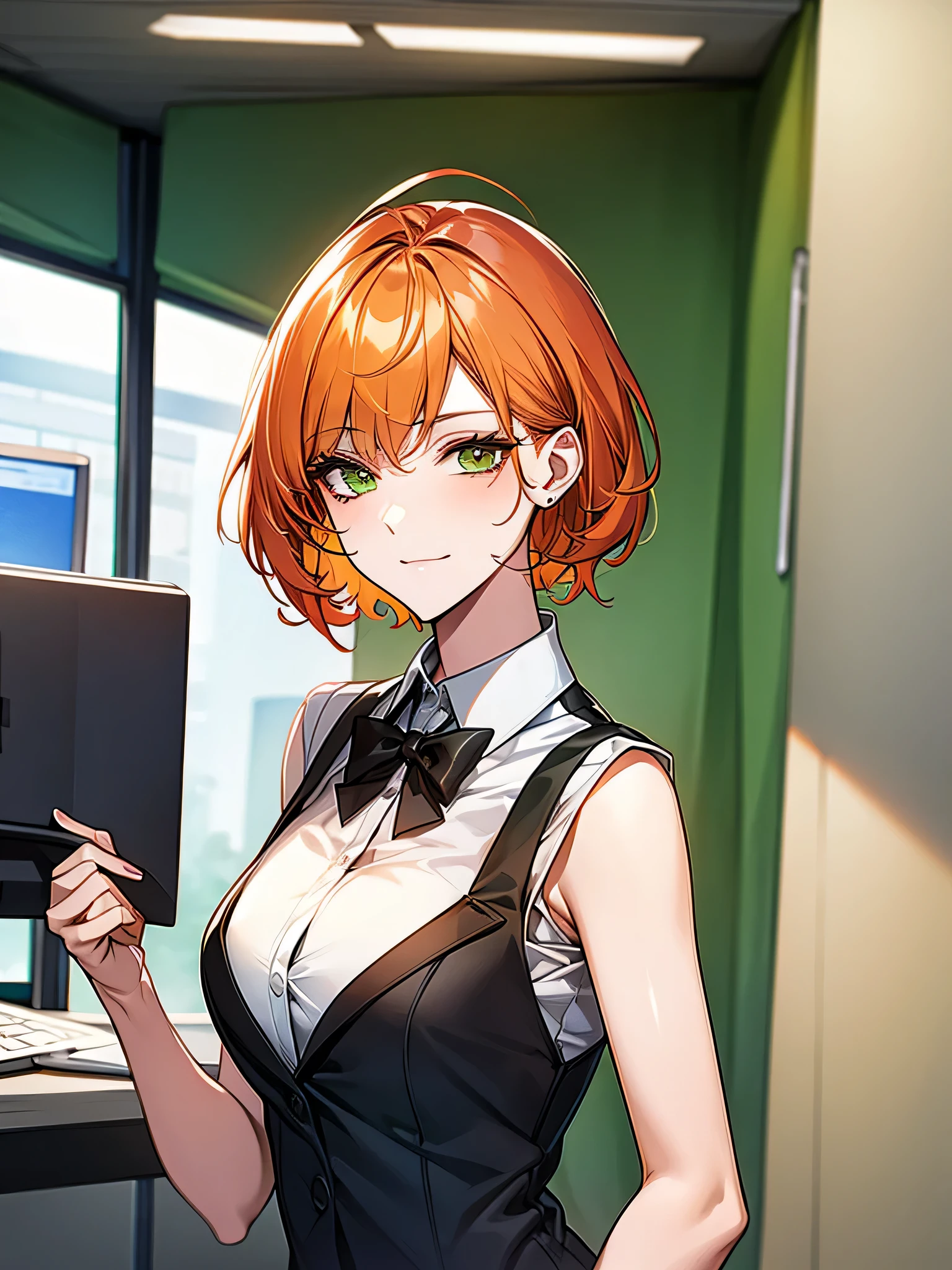 office worker, orange hair, green hair extension, deep green eyes, beautiful woman, short hair