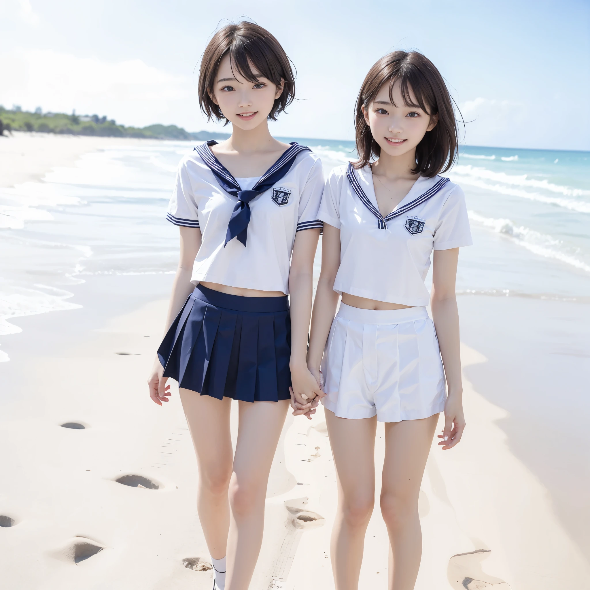 Beautiful sandy beach in the background、Cute eyes, clear eyes, detailed eyes, carefree smile, pretty smile、High detail, Textured skin, Very detailed, Ultra high definition, High-resolution model, Short torso, long legs、Detailed face、bare navel、Twins, two girls, two high school girls、(((flat chest))), (flat chest:1.1)、 14years、junior high school student、School Uniforms、Cute, young, (Full body:1.3)、Ultra-detail、​masterpiece、top-quality、超A high resolution、8K high image quality、Photogenic clarity、A detailed eye、Real live-action、Spring outdoor、Model Standing、Beautiful posture、High detail, Textured skin, Very detailed, Ultra high definition, High-resolution model, Anatomically correct, smile, Open your mouth a little, Anatomically correct, 