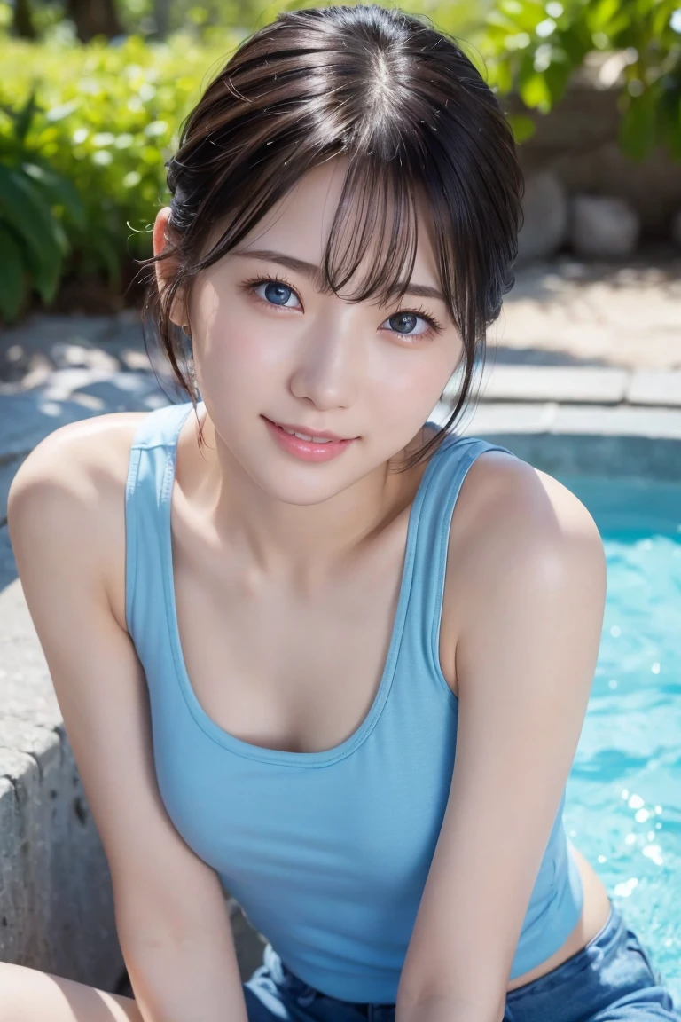 masterpiece, Highest quality, One Woman, (Light blue tank top:1.2), 20-year-old、(RAW Photos, Highest quality), (reality, Realistic:1.4), Clean look、Iris、very detailed eyes and face, Beautiful and detailed nose, beautiful eyes, Perfect Anatomy, Black short hair、Wet Hair、bangs、Natural Makeup、 Glowing Skin, (Light on the cheeks) 、Bright sunlight、A happy smile、Face Focus、Summer beach