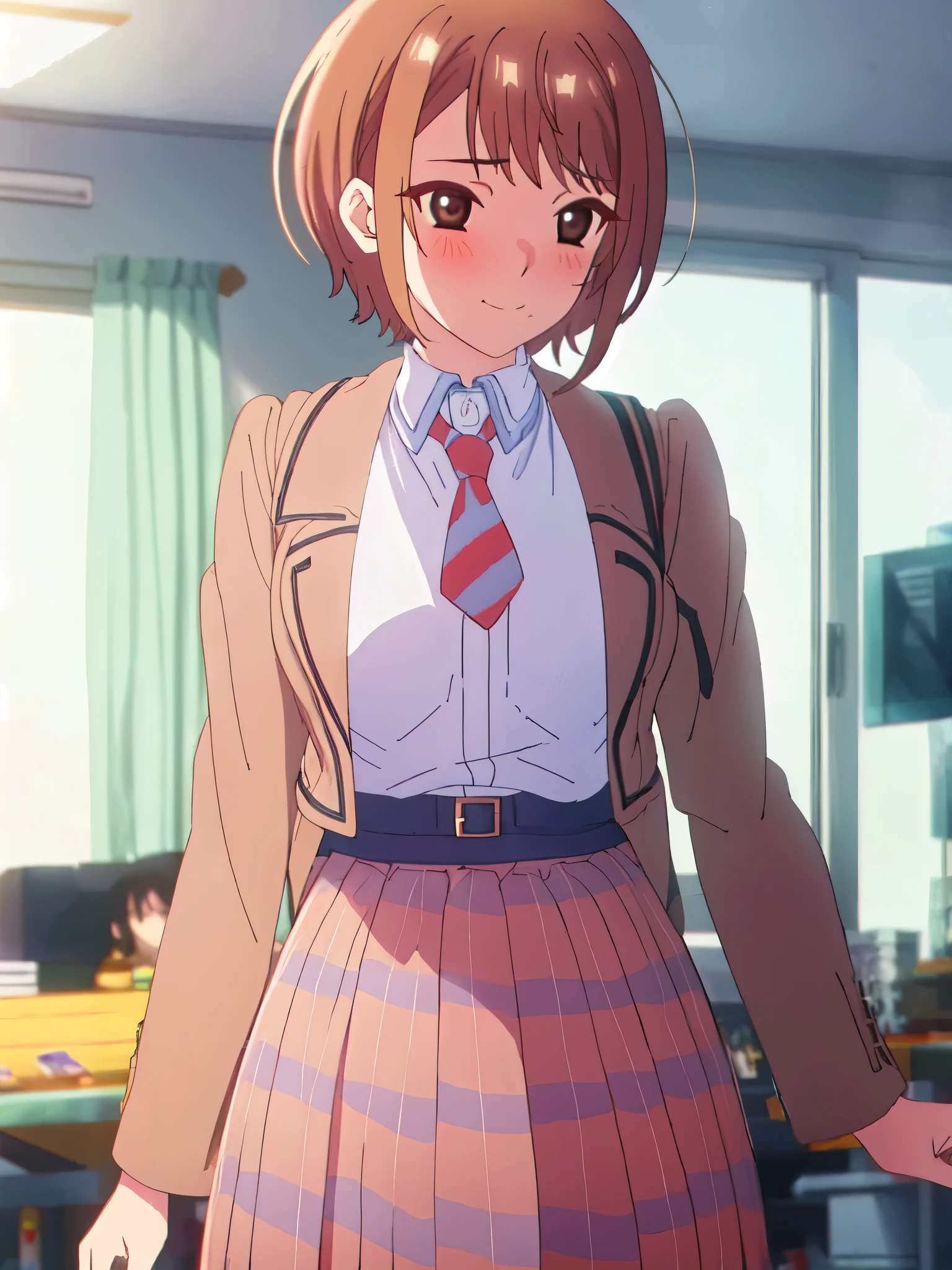 ((((masterpiece、Highest quality、High resolution、High precision)、anime)))、Brown Hair、Beautiful breasts、(Dynamic pose)、looking at the camera、(Beautiful detailed face、Beautiful big eyes)、((One beautiful woman))、((Embarrassed face))、Red cheeks、(((Blushing with a bitchy expression)))、Standing in the school gym、Light from below、Brown eyes、Short Hair、Small breasts、Solo portrayal、wear a waist-length brown blazer、Wear a short checked skirt、Smile with a big smile、((There is a mole on the left side of the mouth))