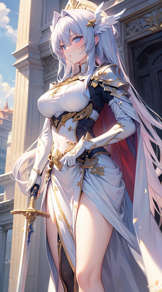 A woman、return々New look、returnとした表情、Cold Eyes、Medieval monks、Pure white combat uniform、Blonde、French Braid、There is a sword、White cape、Sword Art Online、(masterpiece, best quality, best quality, Official Art, beautiful and aesthetic:1.2)