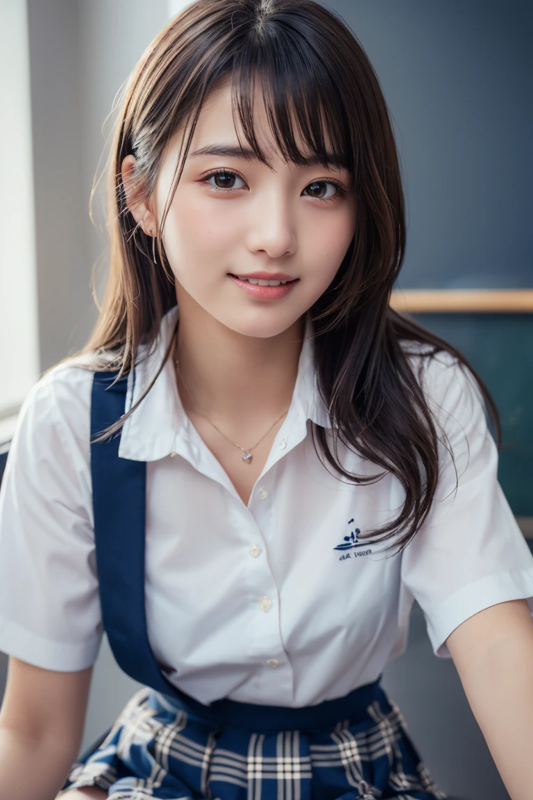 ((school uniform)),Ribbon at neck,(school uniform and ((Plaid Navy Skirt)) and white shirts:1.1), Skin color, big , smile, (8k, RAW Photos, Highest quality, masterpiece:1.2), masterpiece, super detailed, super high quality, (Realistic and Realistic photography:1. 37), High-resolution RAW color photos, Very delicate and beautiful, highly detailed, 8k wallpaper, wonderful, detailed, Very eye, very detailed, very detailed skin, very thin fingers, very detailed nose, very detailed mouth, Perfect Anatomy, Upper Body, studio, Soft lighting, smile, Pastel Background, Realistic, Attention to detail, studio photography