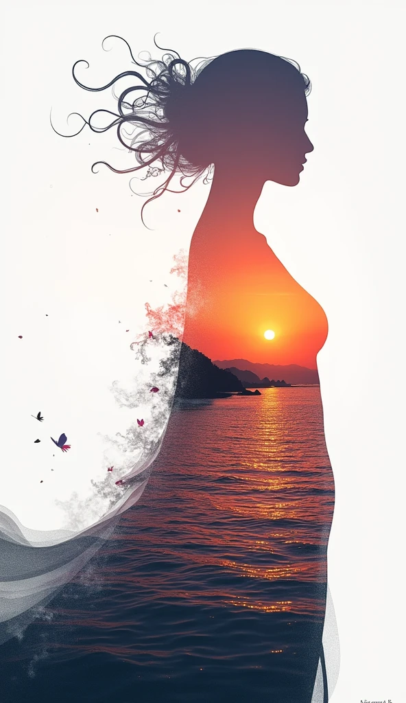 high quality, 8K Ultra HD, A beautiful double exposure that combines an goddess silhouette with sunset coast, sunset coast should serve as the underlying backdrop, with its details incorporated into the goddess , crisp lines, The background is monochrome, sharp focus, double exposure, by yukisakura, awesome full color,