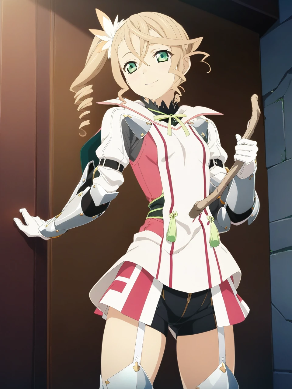 NSFW:1.5,adarmor, Blonde, Side Ponytail, Green Eyes, armor, Neck ribbon, Black shorts, Garter Straps, Gauntlet, gloves, Greaves, One girl, chest wall, Game CG, Anime screenshots, Official Art, masterpiece, Highest quality,A captivating smile,small breasts,stand,((stick out ass))