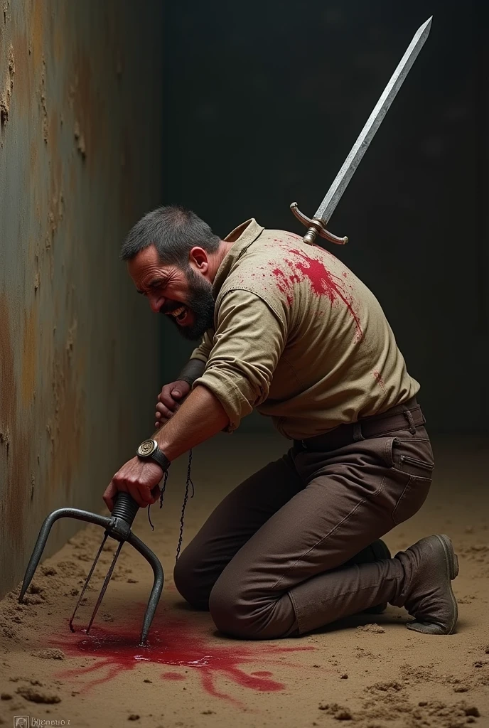Best quality, masterpiece, ultra high res, photorealistic:1.5, raw photo,ultra reality, bearded man, short hair, a man stands over an injured gangster, wearing gray checkered shirt,holding knives in both hands, bloody hands, injured, some bruises, fighting, in the warehouse, cinematic lighting