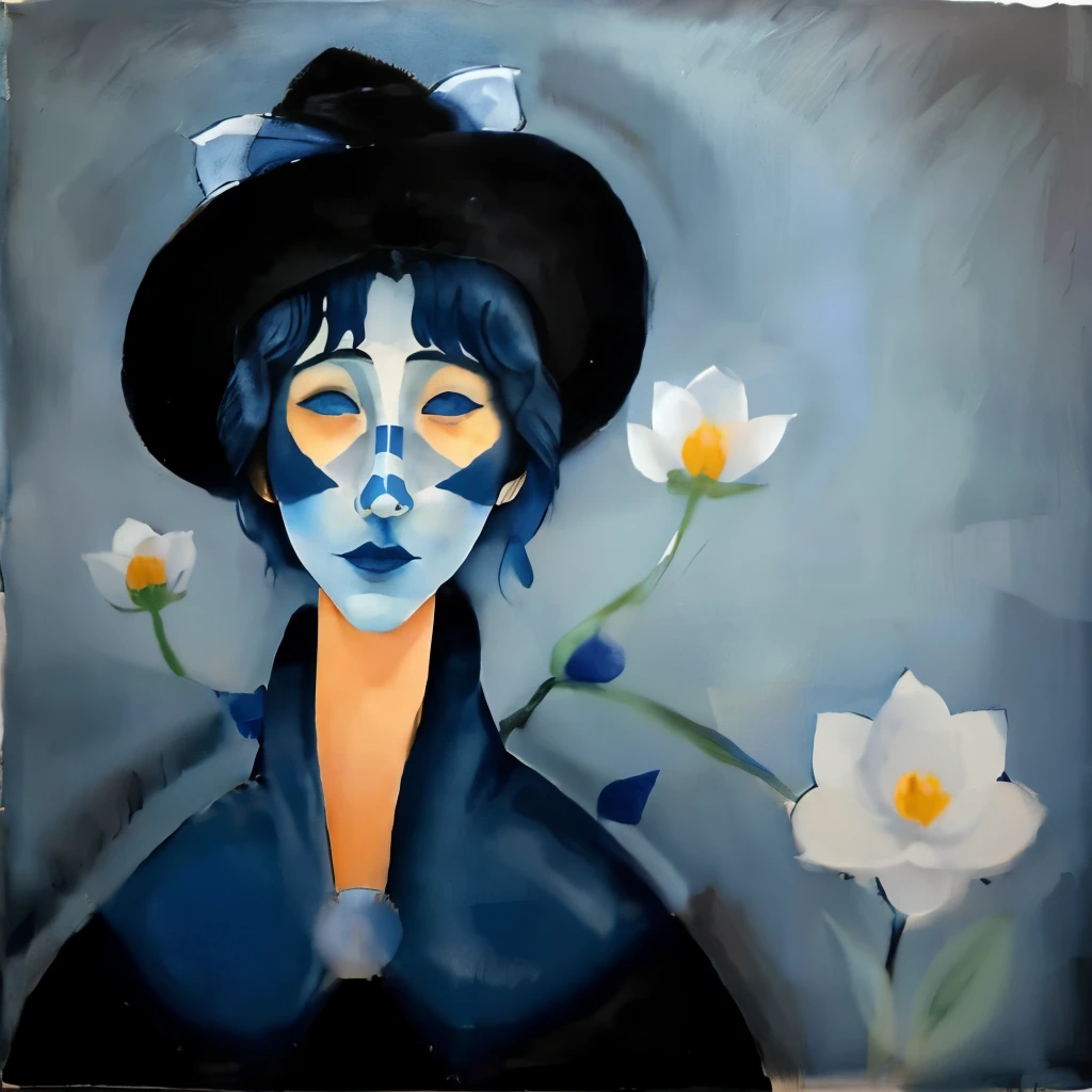 Woman with her face painted blue、Woman Vanishing in the Blue