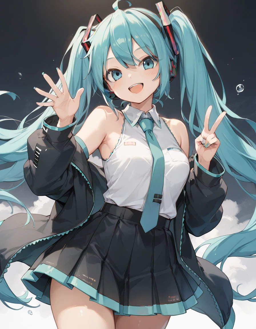 She is Hatsune Miku、（She is standing there waving with a bright smile）