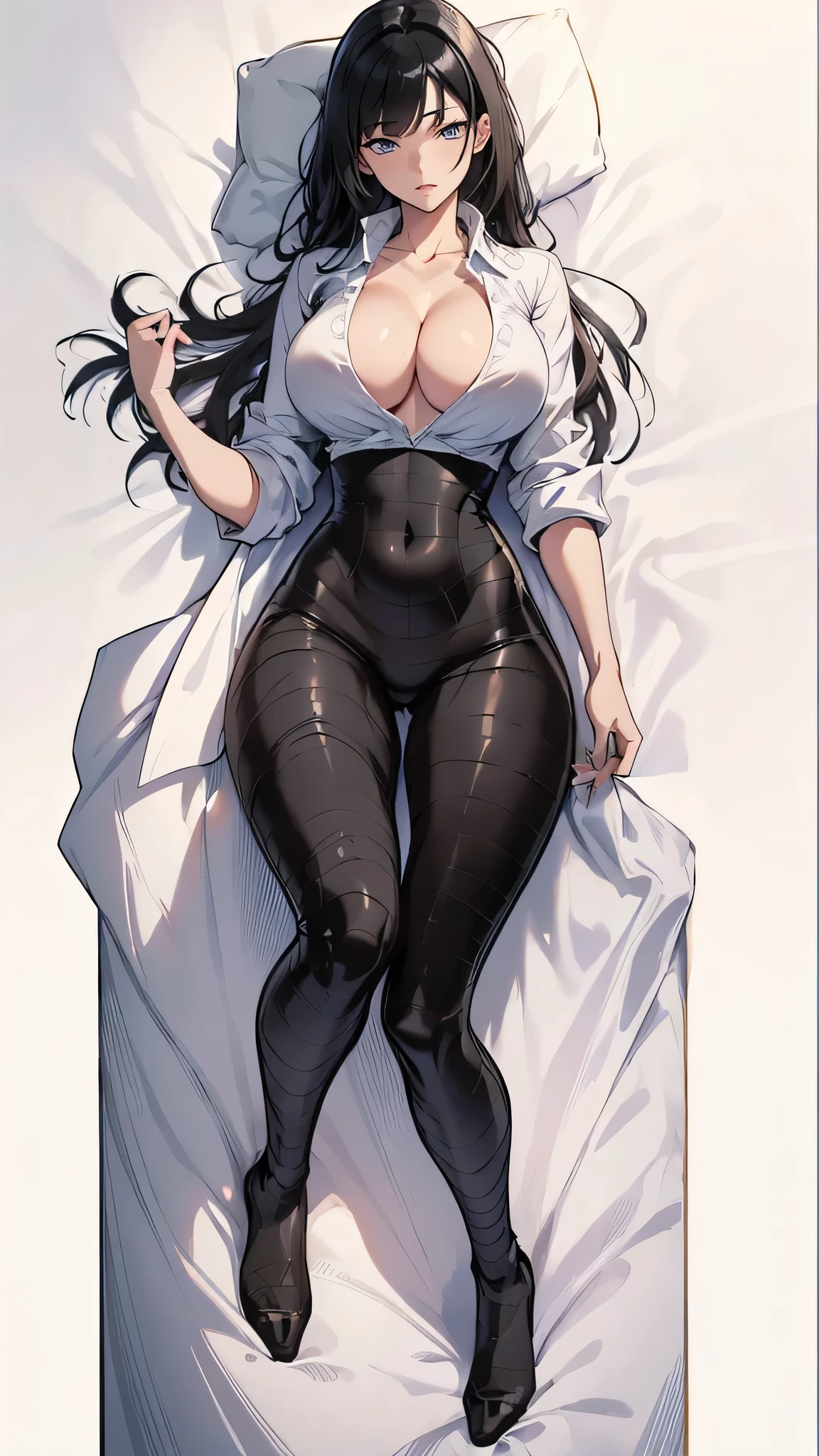 ((1girl, solo)), large breasts, beautiful body, (perfect anatomy, perfect body, perfect hands, perfect legs), nice hands, natural proportions, sexy body, lying, on back, bed sheet BREAK 

((extremely detailed face)), (black eyes:1.5), (beautiful detailed eyes:1.6), (realistic pupils, realistic iris:1), expressive eyes, looking at viewer, (clear eyes:1.3), (hyperrealistic:1.2), (detailed skin texture:1.2), smooth skin, (black hair:1.5), long hair, (detailed lips:1.2), (attractive lips:1.1), (glossy lips:1.1), perfect face, perfect eyes BREAK
collared shirt, white shirt, dress shirt, collarbone, partially unbuttoned, cleavage, sleeves rolled up, crop shirt, shirt tucked in, black bodysuit BREAK
(masterpiece:1.5), anime-style, top quality, best quality, (beautiful and aesthetic:1.2), (ultra detail:1.5), Ultra-detailed depiction, Ultra-precise depiction, extremely detailed 8k illustration, high resolution, (highly detailed shading:1.2), (realistic lighting:1.4), perfect lighting, vibrant colors, dynamic tones, striking hues, 8k, absurd resolution, perfect shadows, hdr, UHD, ambient lighting, realistic, ultra-realistic, photo realistic, highly detailed, rich detail, luminous colors, fine texture, intricate design, professional illustration, (soft light:1.2), (illustration:0.7)