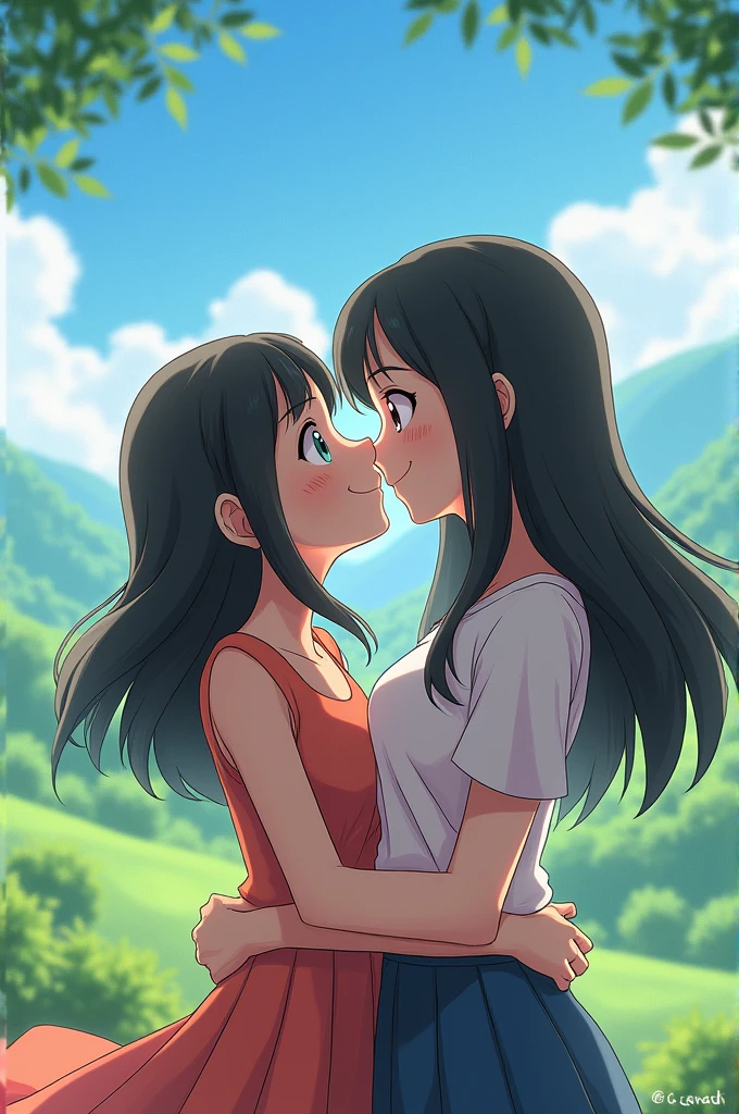 masterpiece, best quality, 2girls, , slim, small breast, t-shirt, (white panties), walk the park, hugging, love, blush, smile, (wide angle, fisheye), (view from above), summer, warm, soft light, bright, watercolor