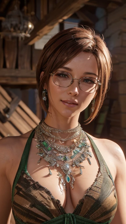 portrait, Close-up, upper body. Short, Red hair, green eyes, green dress, metal frame glasses, nice smile. (masterpiece, top quality, Best quality, official art, beautiful and aesthetically pleasing:1.2), extremely detailed,(fractal art:1.2),colorful,The most detailed, (dynamic pose), (Rustic background:1.5), (Many colors:1.4). ((split. skin texture, Shiny skin. elegance. photorealism. unreal engine. 3D model. Ultra high quality textures. high detail. permission 8k))