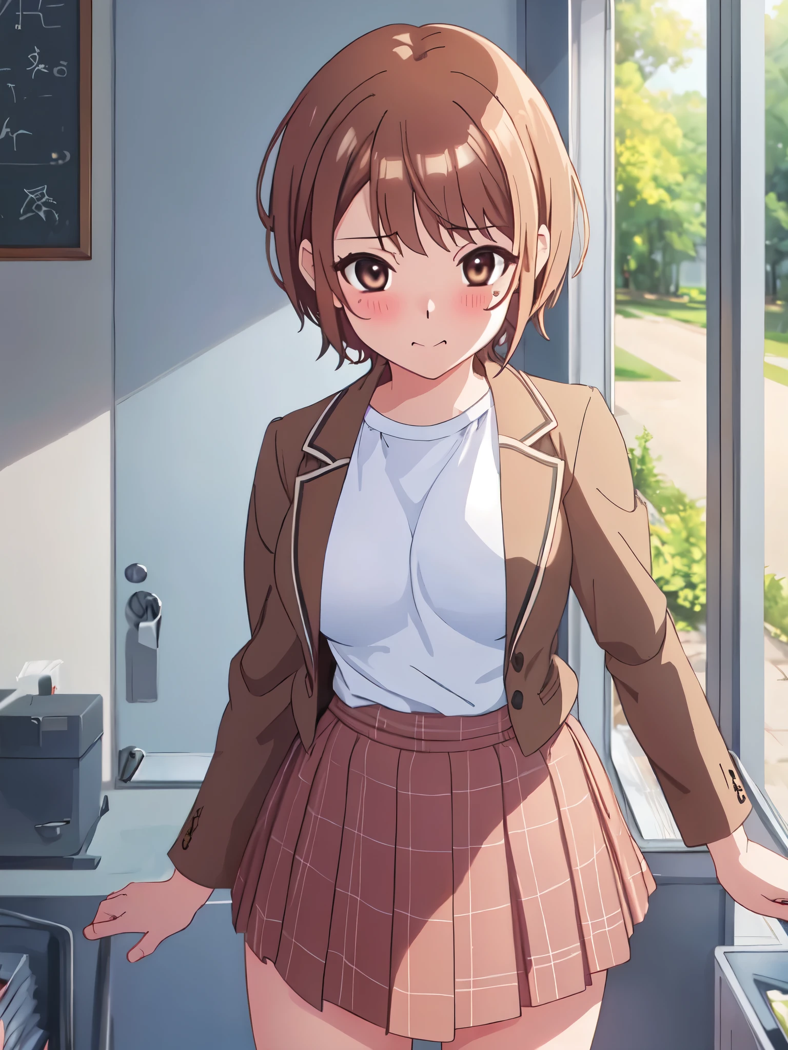 (((masterpiece、Highest quality、High resolution、High precision)、anime))、Brown Hair、Beautiful breasts、(Dynamic pose)、looking at the camera、(Beautiful detailed face、Beautiful big eyes)、((One beautiful woman))、((Embarrassed face))、Red cheeks、(((Blushing with a bitchy expression)))、Standing in the school gym、Light from below、Brown eyes、Short Hair、Small breasts、Solo portrayal、wear a waist-length brown blazer、Wear a short checked skirt、Smile and laugh、((There is a mole on the left side of the mouth))、Open clothes、