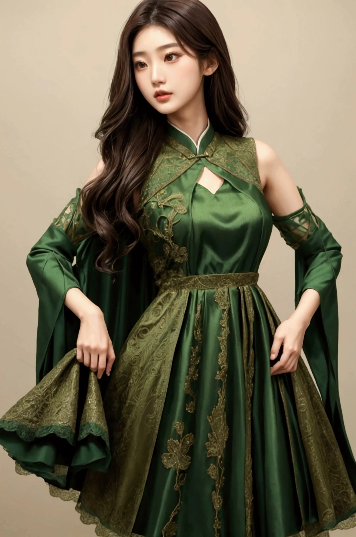 Top image quality、8K、Highest photo quality、RAW images、fully body photo、Full body portrait、Japan girls1a person、Slender and delicate body、(fully body photo、Full body portrait)、200mm telephoto lens、kawaii、Dark Green Silk Long Dress、(halterneck、off shoulders)、(large golden embroidery on the chest,)、Cute Pose、medium distance shot、Slender Abs、Medium telephoto lens、Gold headband、fully body photo、medium distance shot、