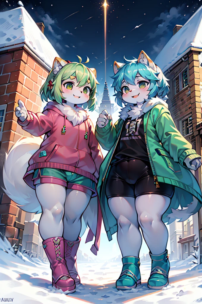 smile, Short light green hair with a hair accessory, and winter clothes with a light green striped jacket, Golden zipper, Blue shorts with white ruffle trim, Dark green leggings, Pink boots with white fur trim, Fluffy white earmuffs, Playful pose with one arm outstretched, looking at the camera, Bright Eyes, Rosy Cheeks, Smooth Skin, Simple white background, Bright colors, Vibrant and clean illustrations, Dynamic front view, Well-balanced exposure, Digital Art.A row of brick buildings,Snow is falling.Small.,Laughing with your mouth open、twins