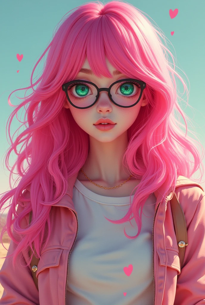  bonito , olhos brilhantes e macios , Cores rosa pastel e azul , Hearts in neon lights ,  Beautiful heart glasses , imagem muito fofa, estilo anime ,Meninao do rosto,
