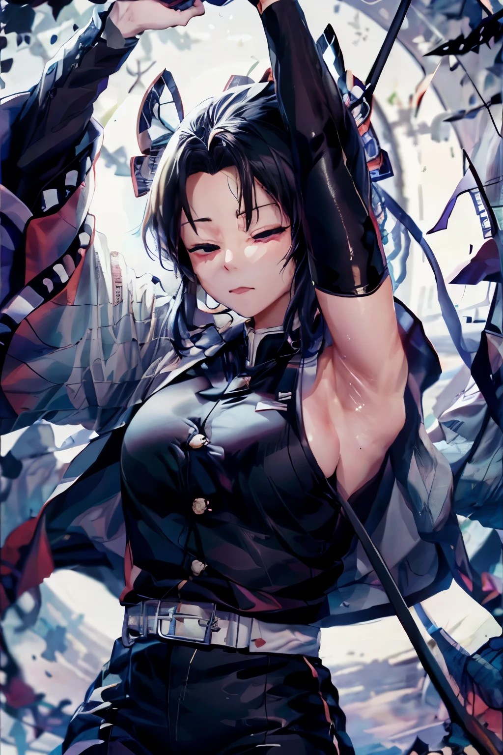 ((masterpiece, best quality)), (1girl), (solo), (female focus), yoru \(chainsaw man\),(very detailed face, real image, realistic white skin, realistic body, intricate details), full body, blood, blood scattered, looking at the viewer, brown eyes, bandages over the body, black hair, bandages, bandages, small breasts, large thighs